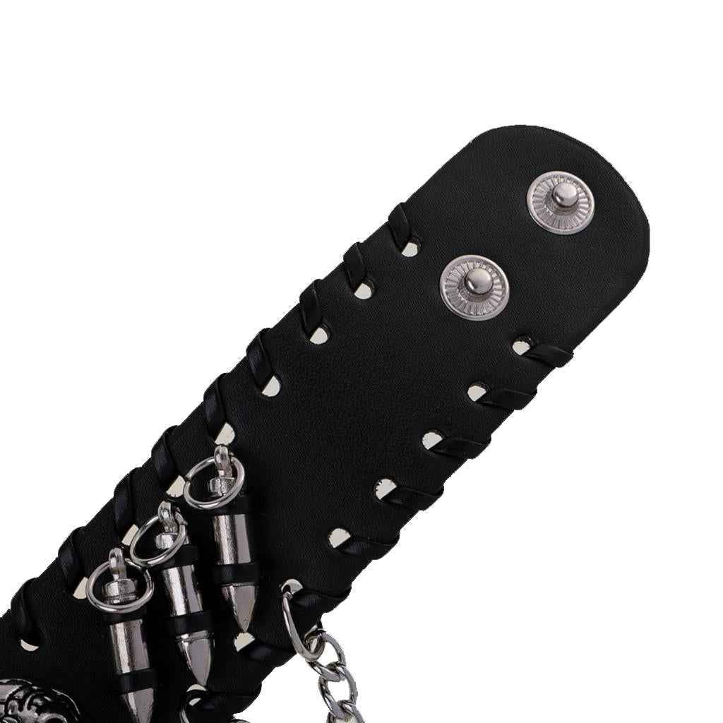 Gothic Punk Style Black Leather Cuff Bracelet Wristband with 3D Skull Head and Chain