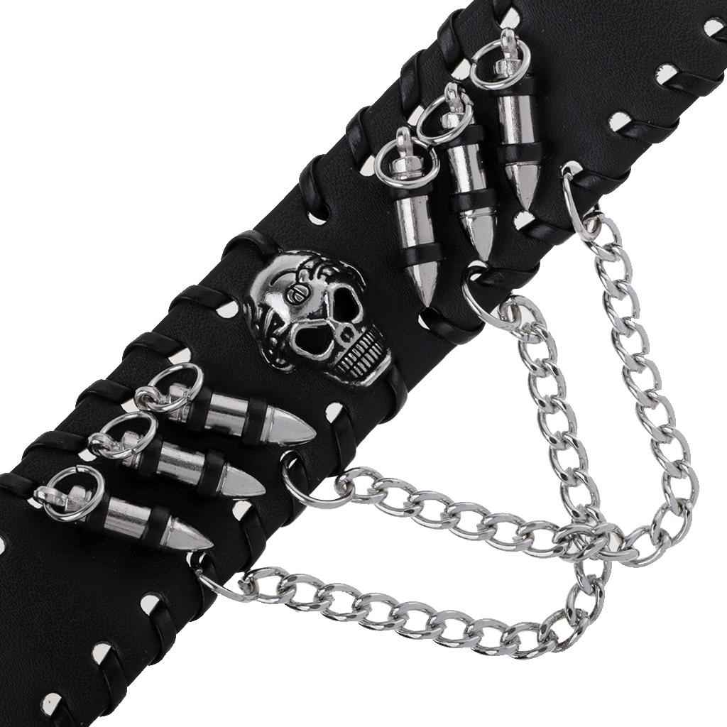 Gothic Punk Style Black Leather Cuff Bracelet Wristband with 3D Skull Head and Chain