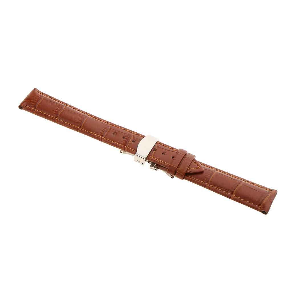 Leather Watch Band Butterfly Deployment Clasp Buckle Brown 20mm