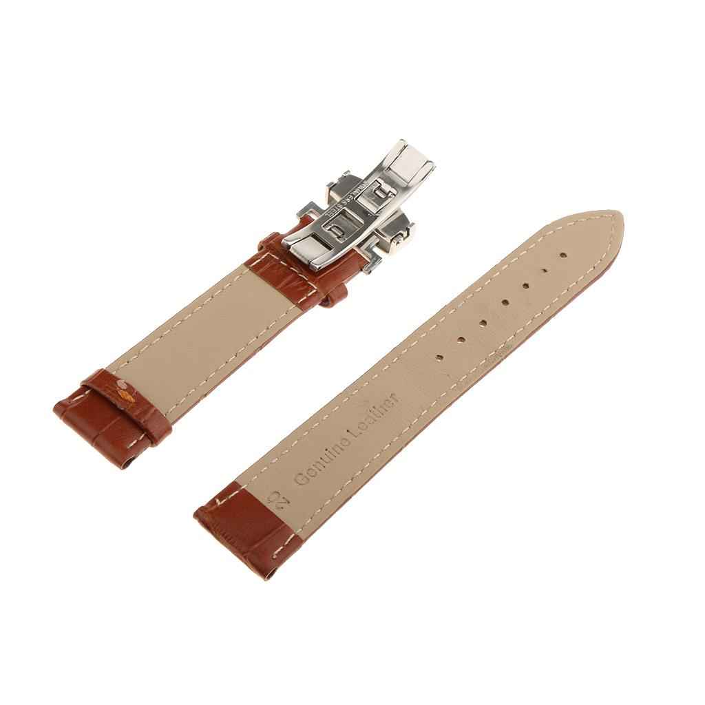 Leather Watch Band Butterfly Deployment Clasp Buckle Brown 20mm