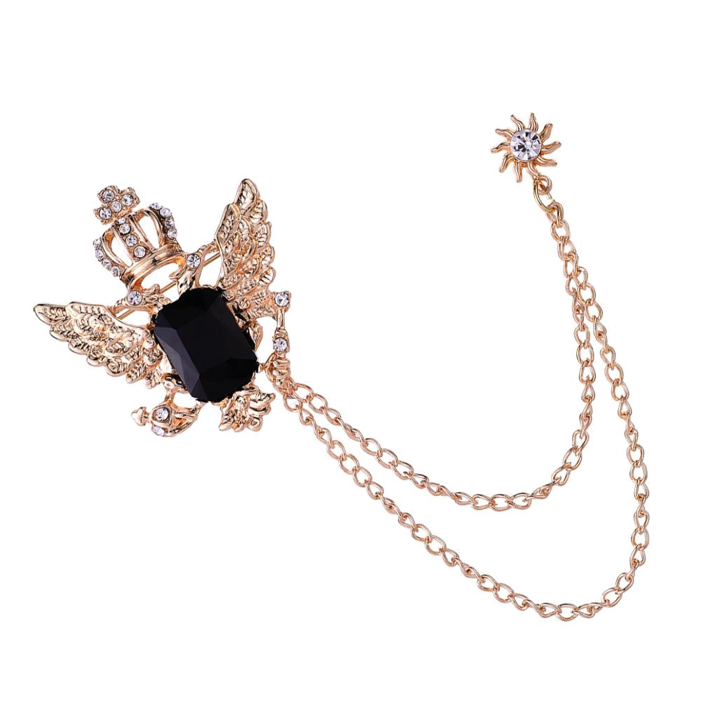 2x Luxury Crystal Gold/Silver Crown & Wings Men's Hanging Chain Brooch Pin