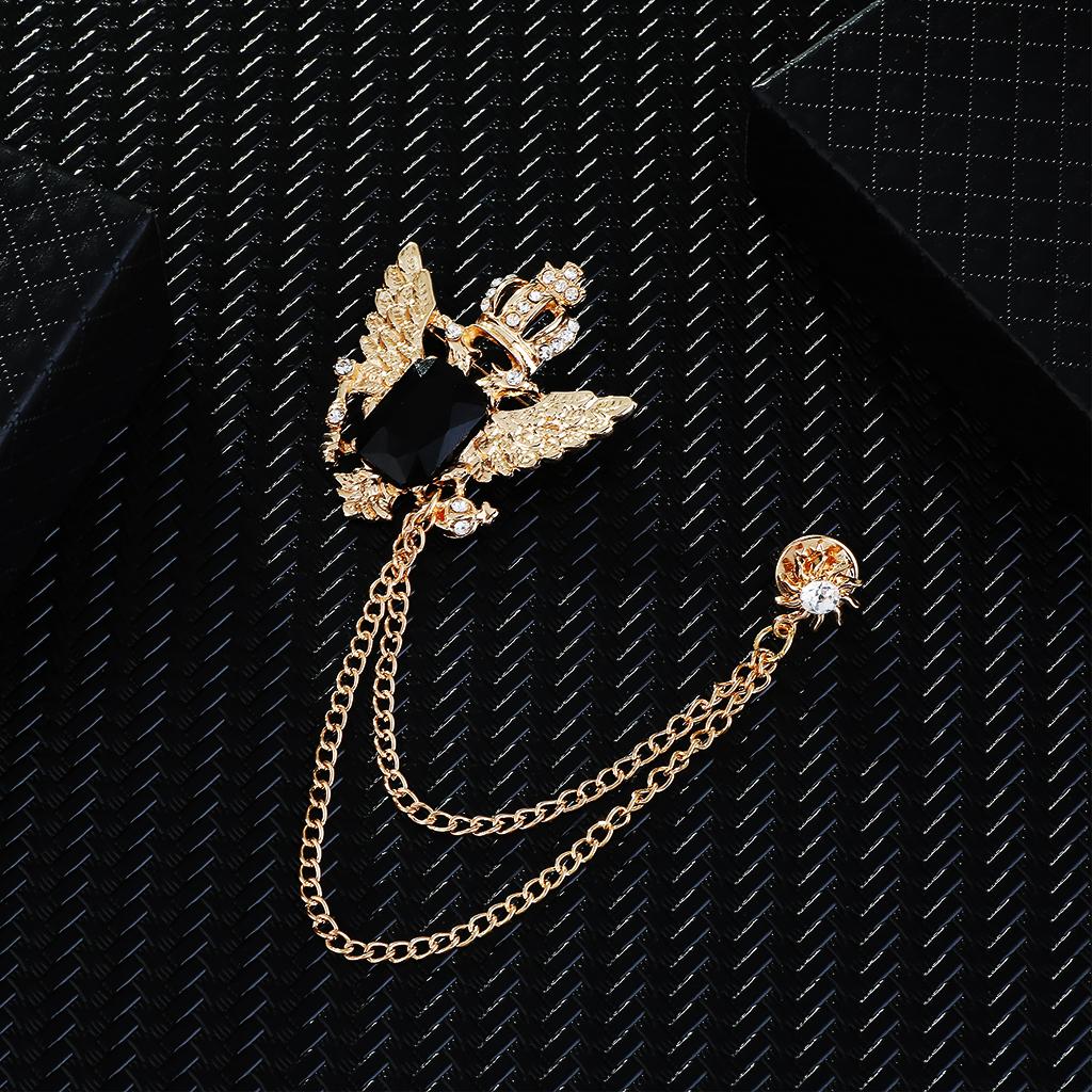 2x Luxury Crystal Gold/Silver Crown & Wings Men's Hanging Chain Brooch Pin