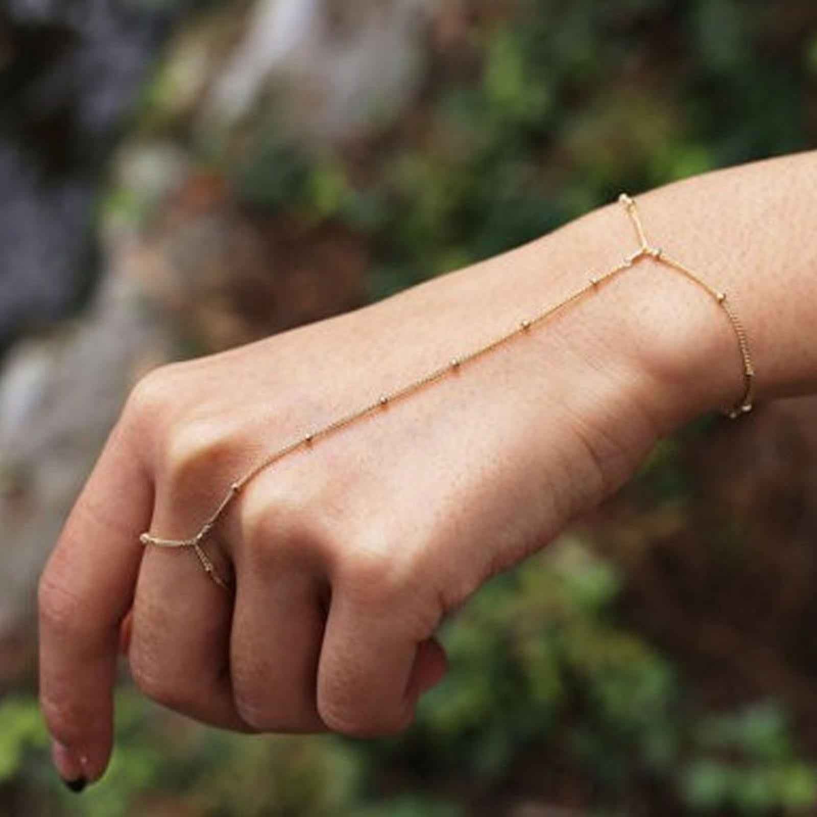 Finger Ring Bracelet Adjustable Beaded Hand Chain for Party Women Girls Gold
