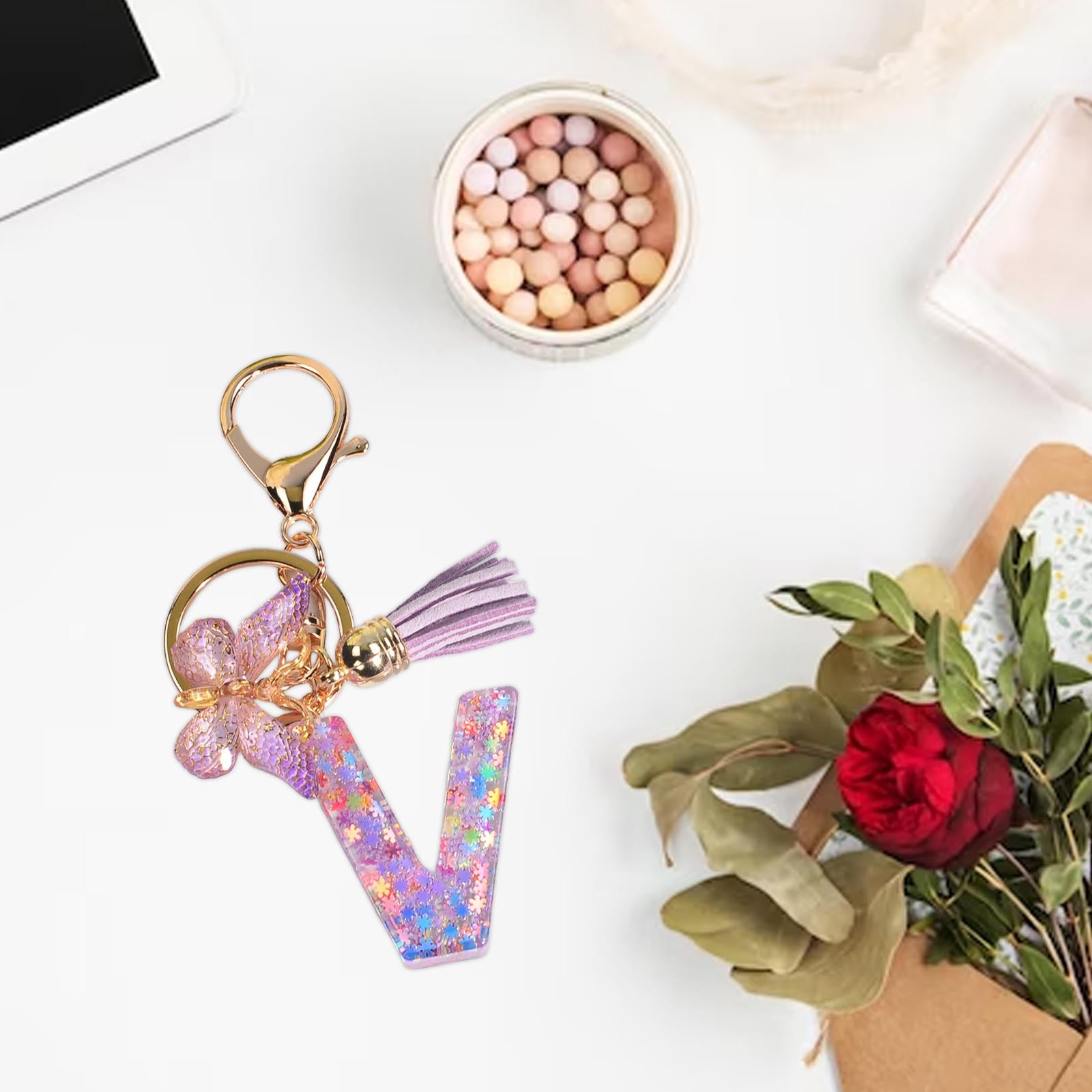2xResin Keychain Ornaments Girls Women Gifts English Alphabet Keyring Keychain V