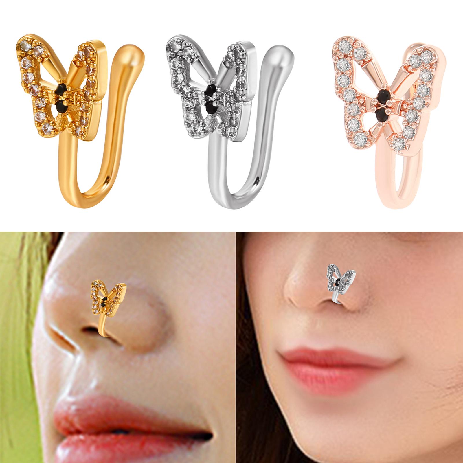 3xFake Nose Ring Rhinestone Copper No Piercing Clip on Nose Ring for Women Men Aureate