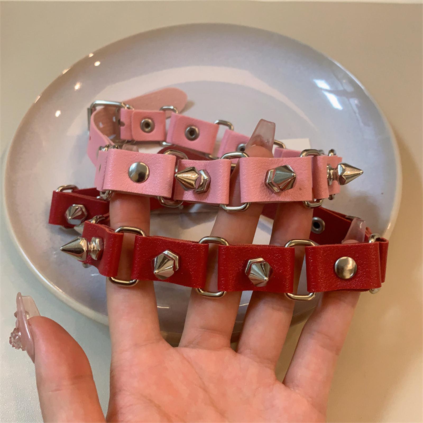 Punk PU Leather Choker Gothic Rivet Choker for Bar Birthday Gift Party Pink