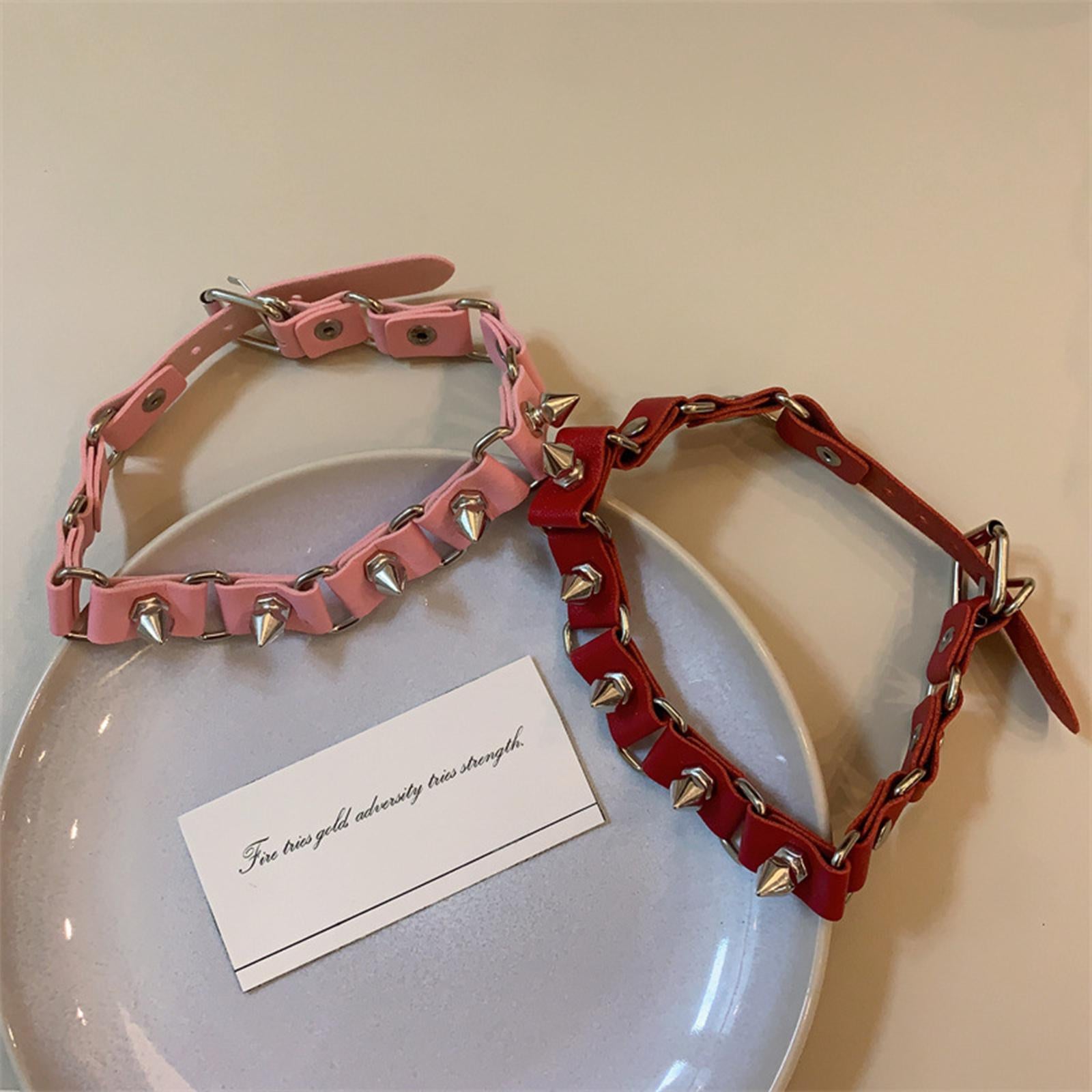 Punk PU Leather Choker Gothic Rivet Choker for Bar Birthday Gift Party Pink
