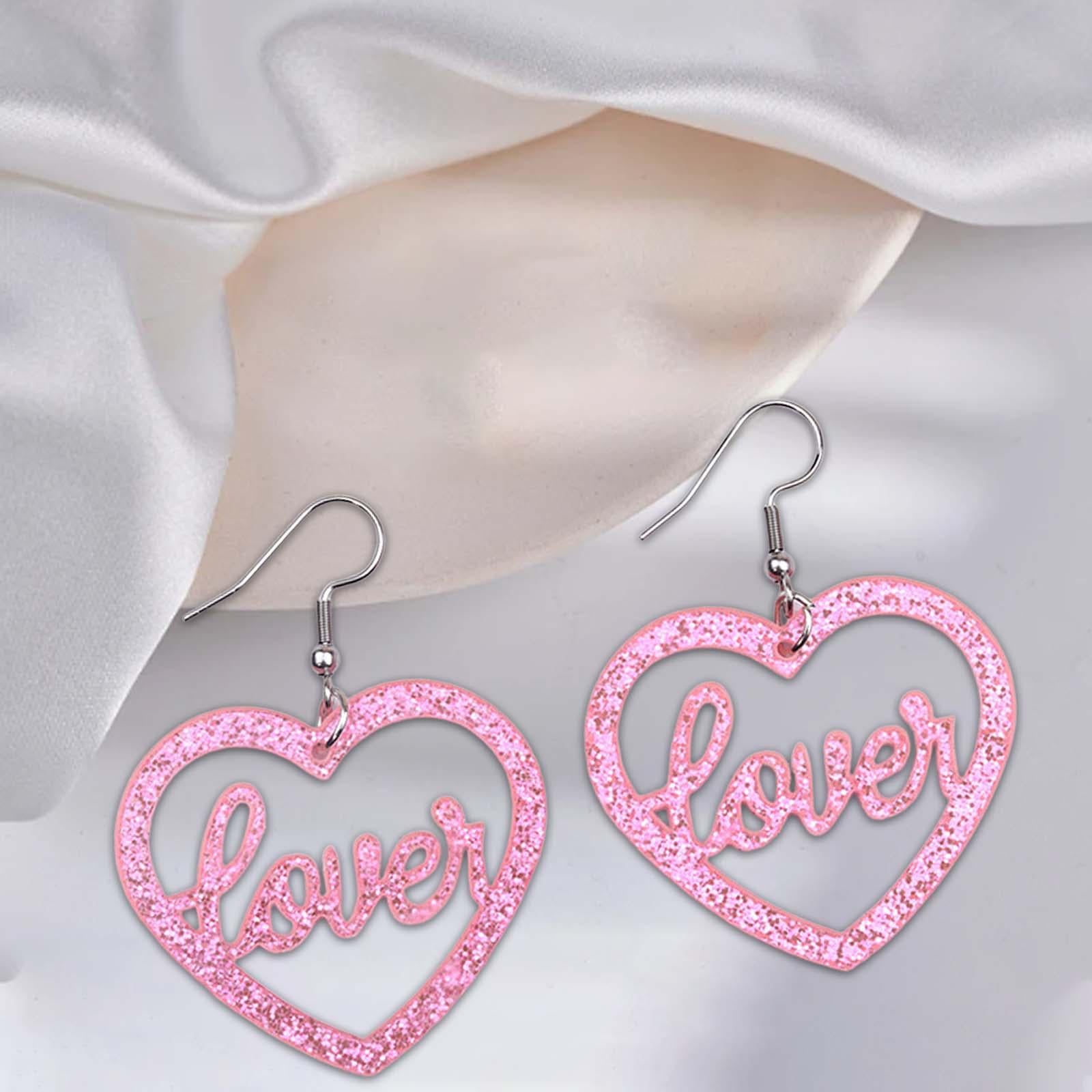Heart Earrings Love Heart Dangle Earrings for Engagement Dating Mother's Day Pink