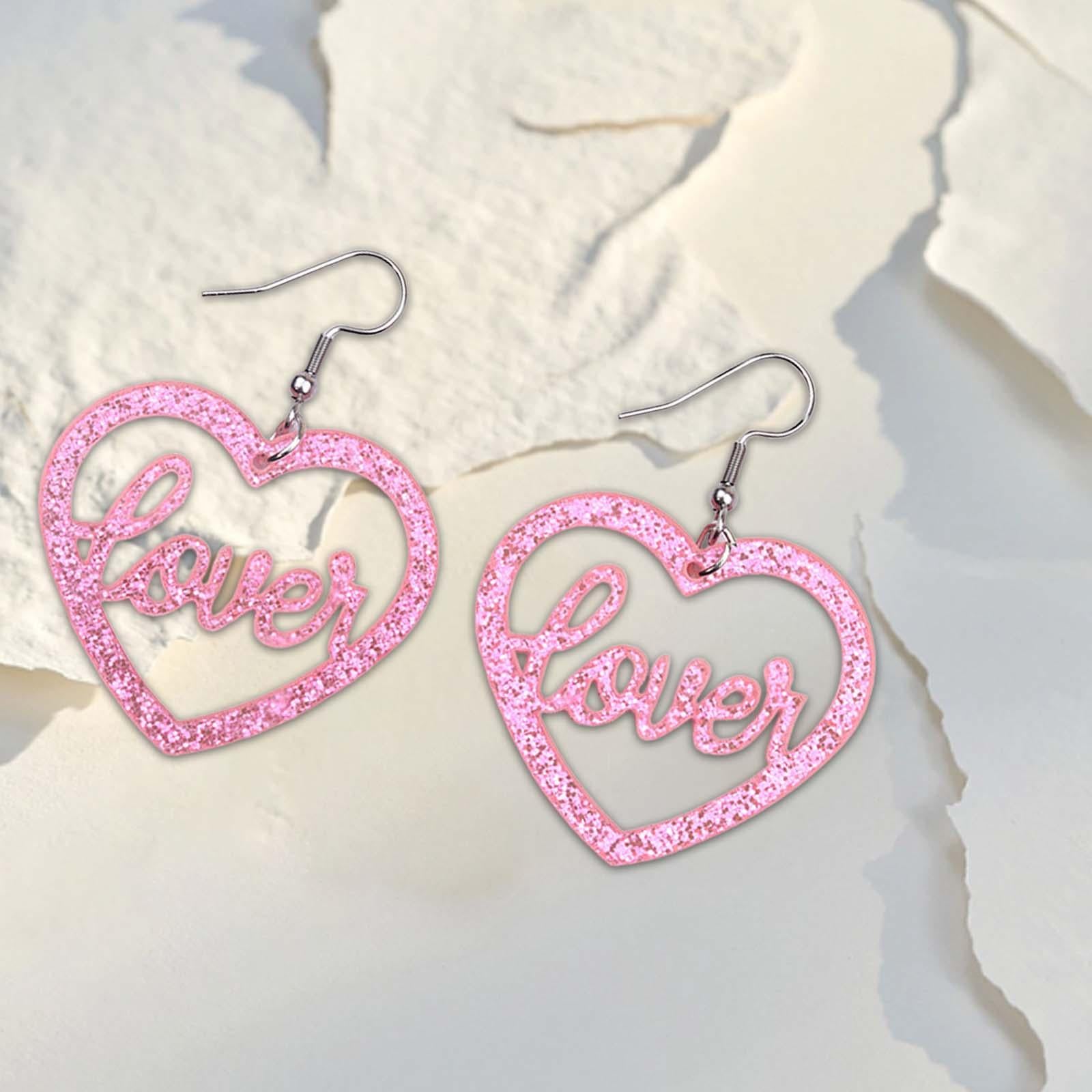 Heart Earrings Love Heart Dangle Earrings for Engagement Dating Mother's Day Pink
