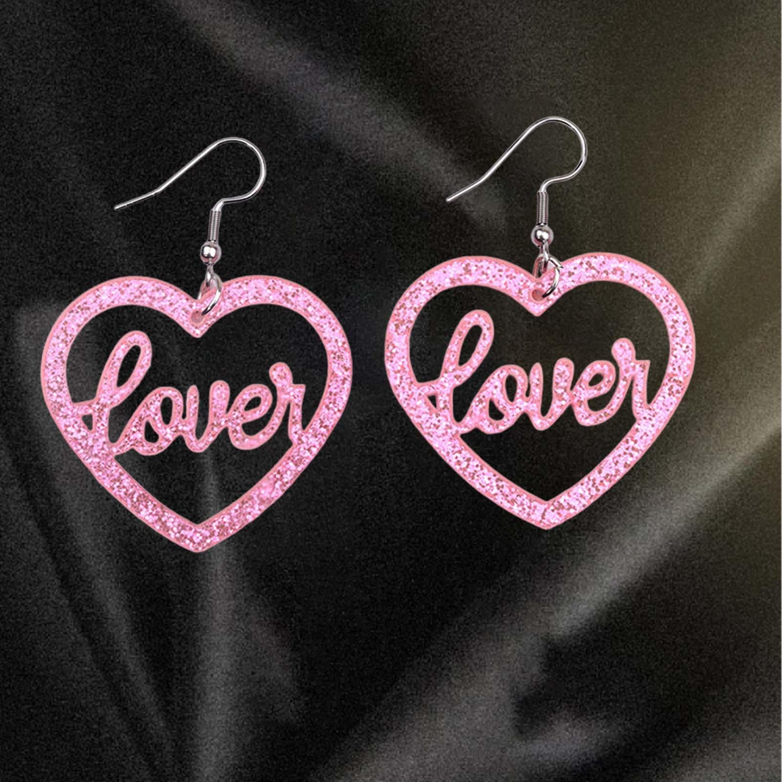 Heart Earrings Love Heart Dangle Earrings for Engagement Dating Mother's Day Pink