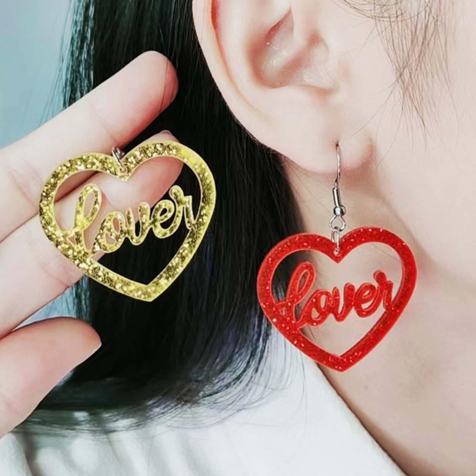 Heart Earrings Love Heart Dangle Earrings for Engagement Dating Mother's Day Red