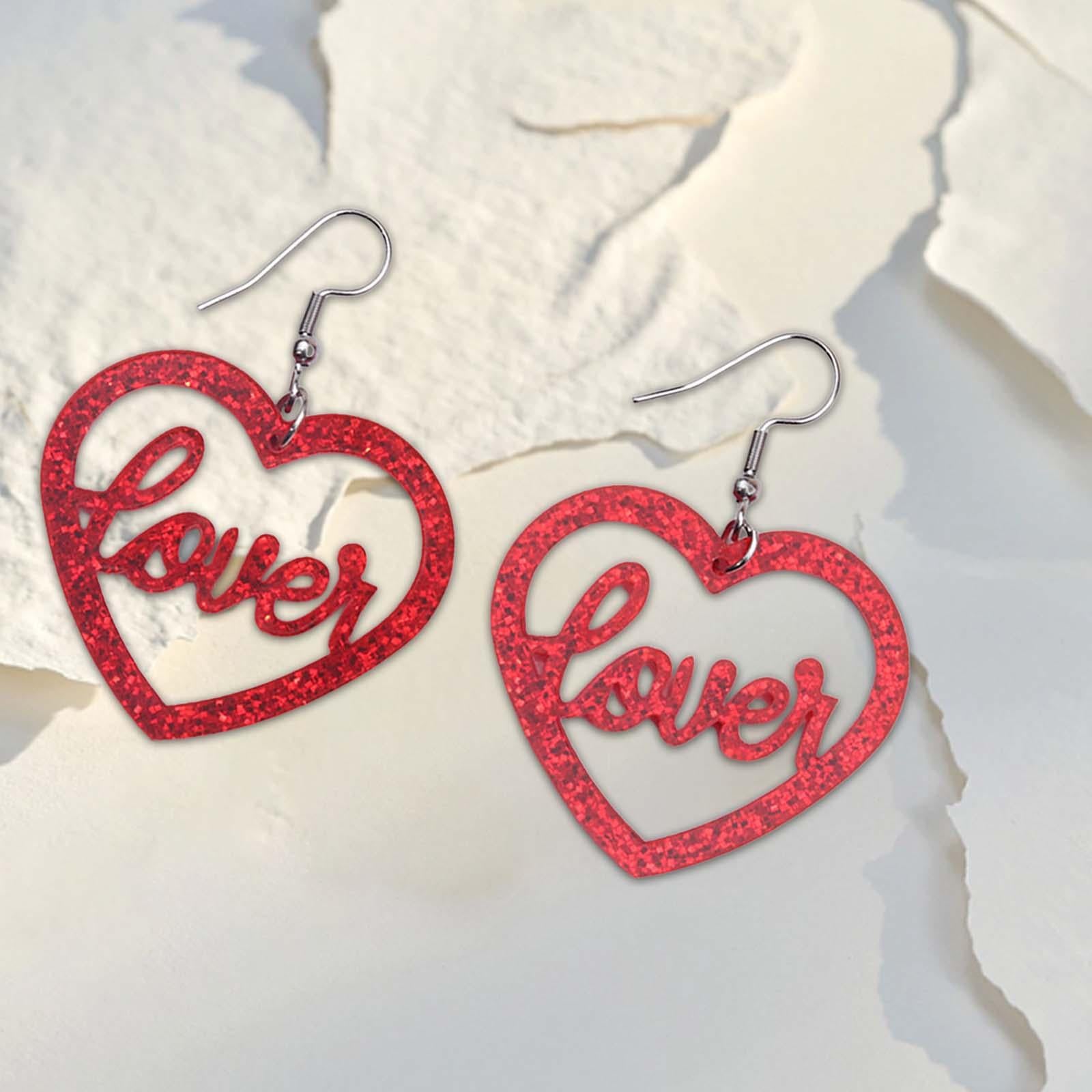 Heart Earrings Love Heart Dangle Earrings for Engagement Dating Mother's Day Red