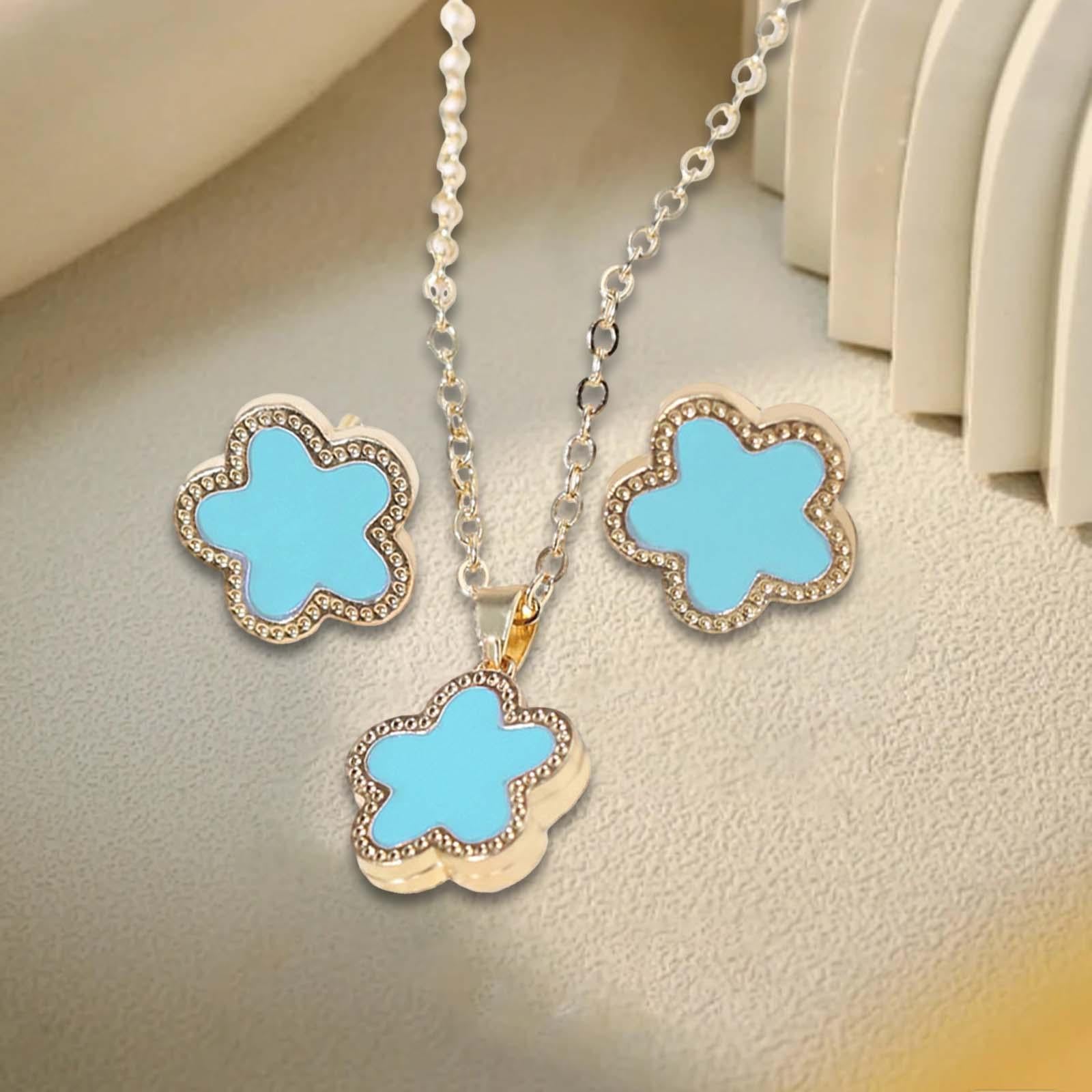 Flower Necklace Earrings Flower Stud Earrings for Party Birthday Gifts Decor Light Blue