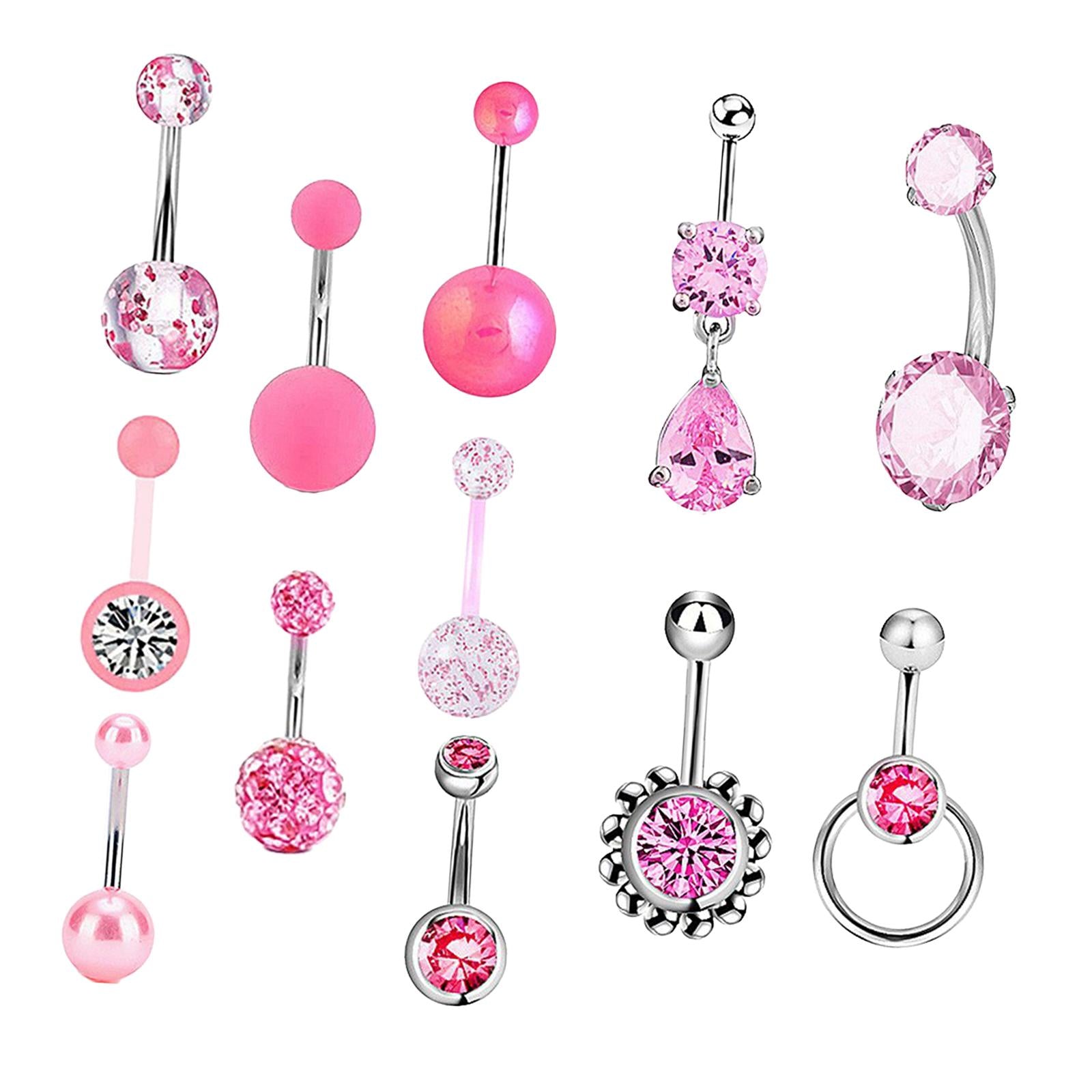12Pcs Belly Button Rings Pink Navel Barbell Stud Trendy Navel Piercing Rings
