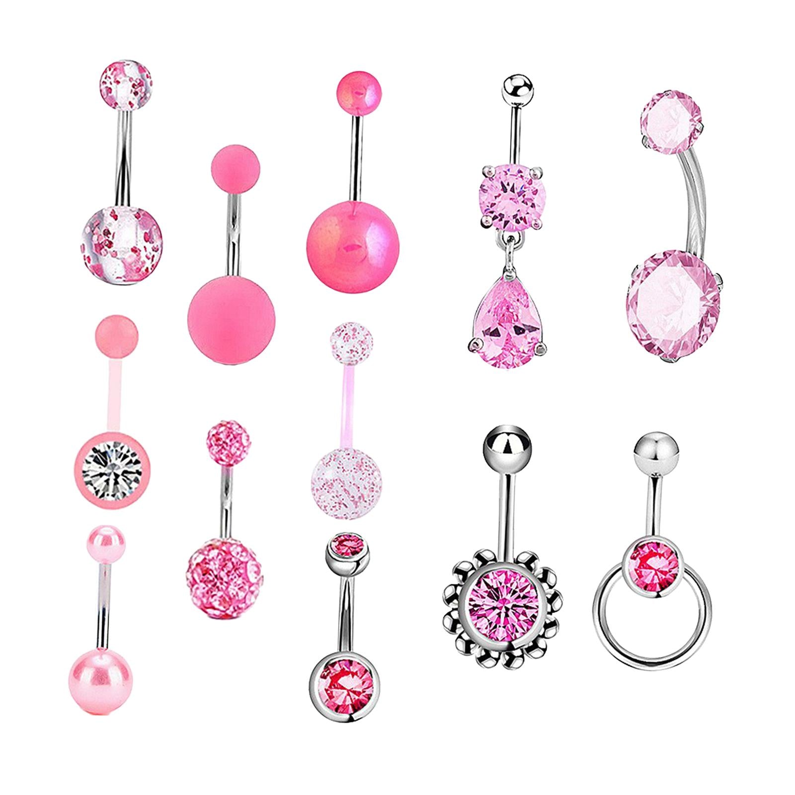 12Pcs Belly Button Rings Pink Navel Barbell Stud Trendy Navel Piercing Rings