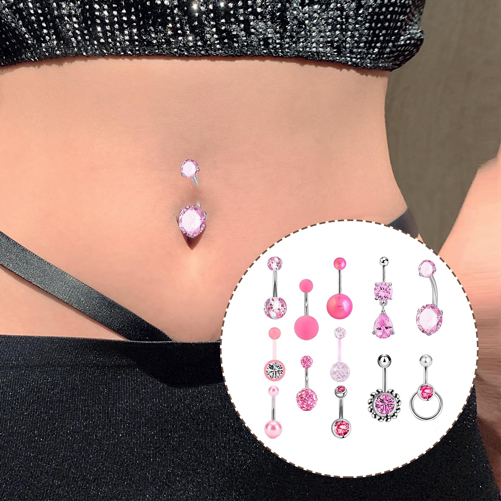 12Pcs Belly Button Rings Pink Navel Barbell Stud Trendy Navel Piercing Rings