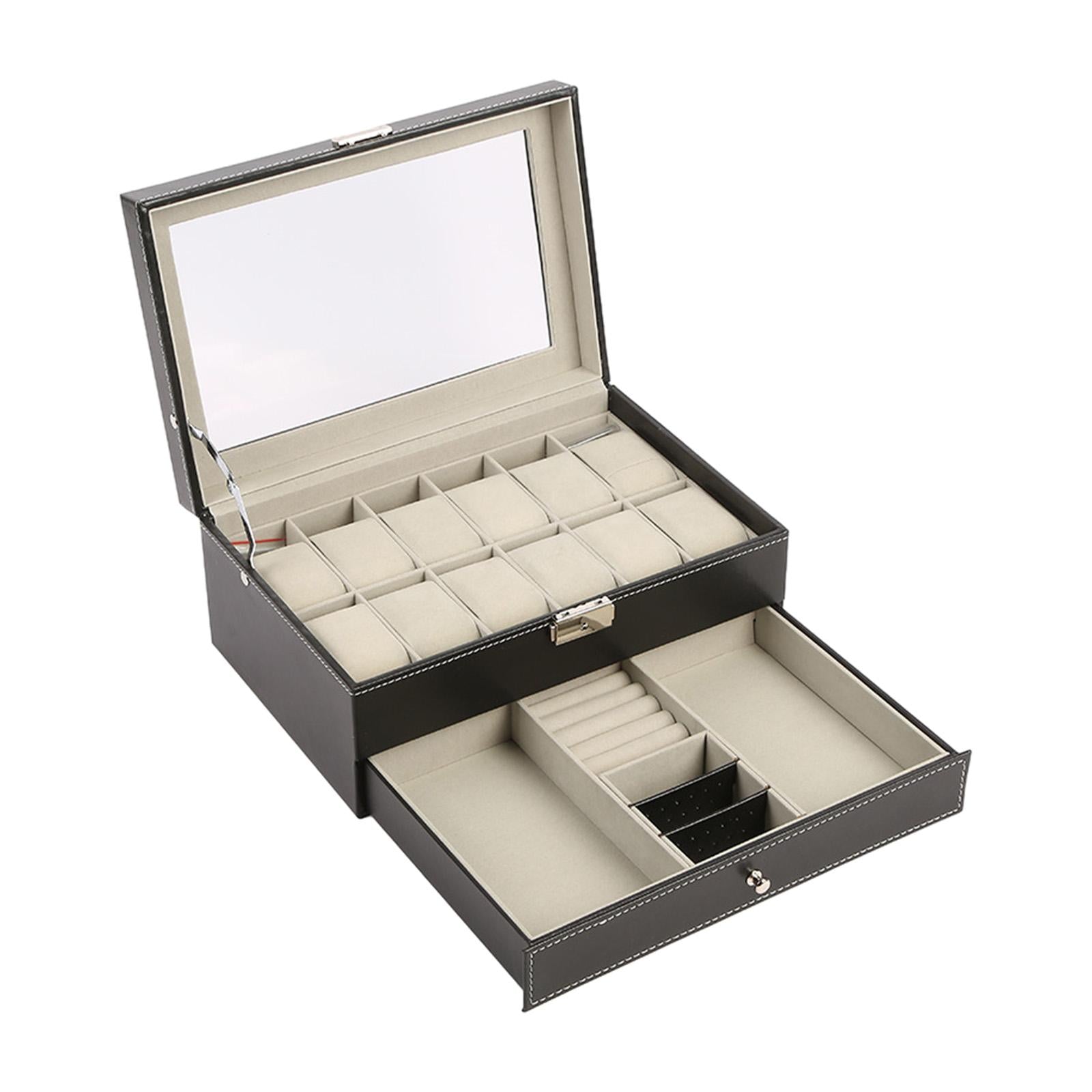 12 Slots Watch Box Double Layer Watch Organizer for Earrings Bracelets Rings