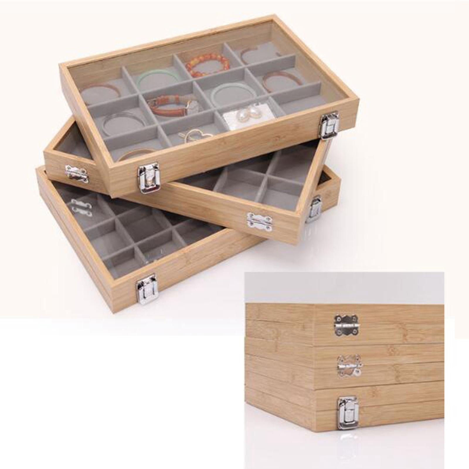 Jewelry Box Wooden Storage Case Earring Organizer Tray for Bedroom Shop No Grid Gray