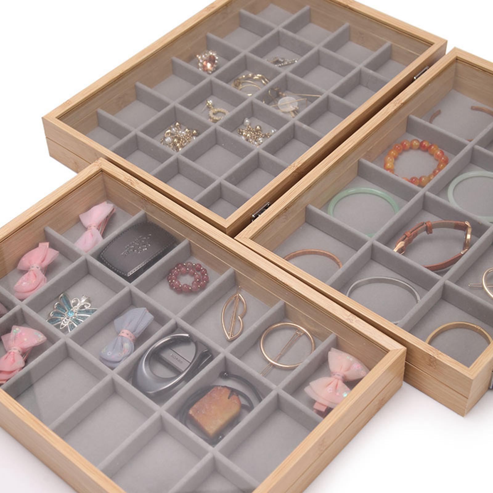 Jewelry Box Wooden Storage Case Earring Organizer Tray for Bedroom Shop 30 Grids Beige