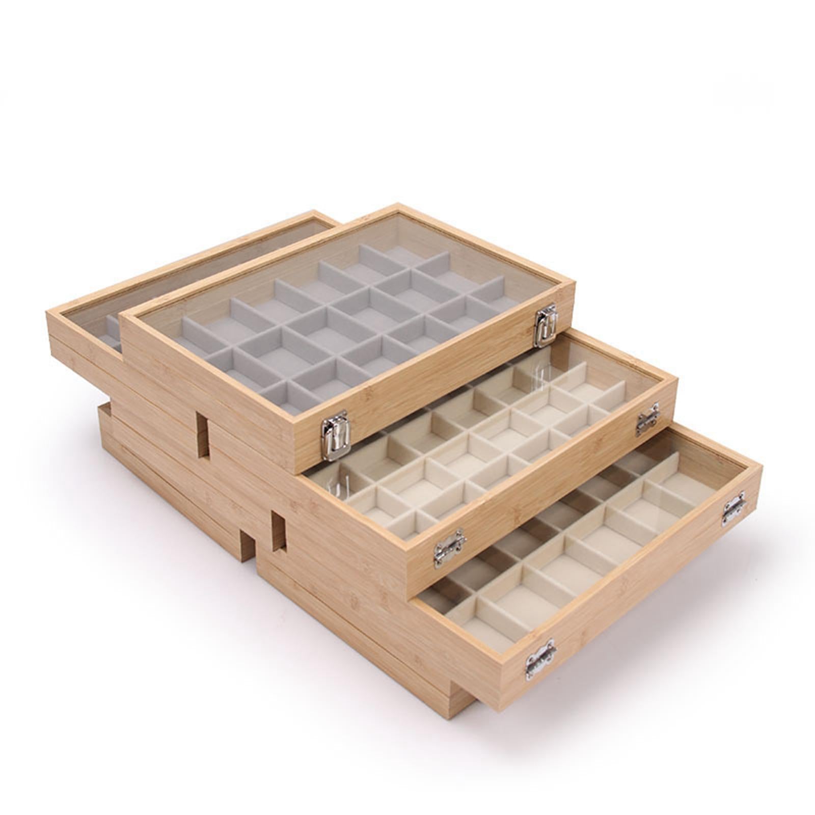 Jewelry Box Wooden Storage Case Earring Organizer Tray for Bedroom Shop 30 Grids Beige