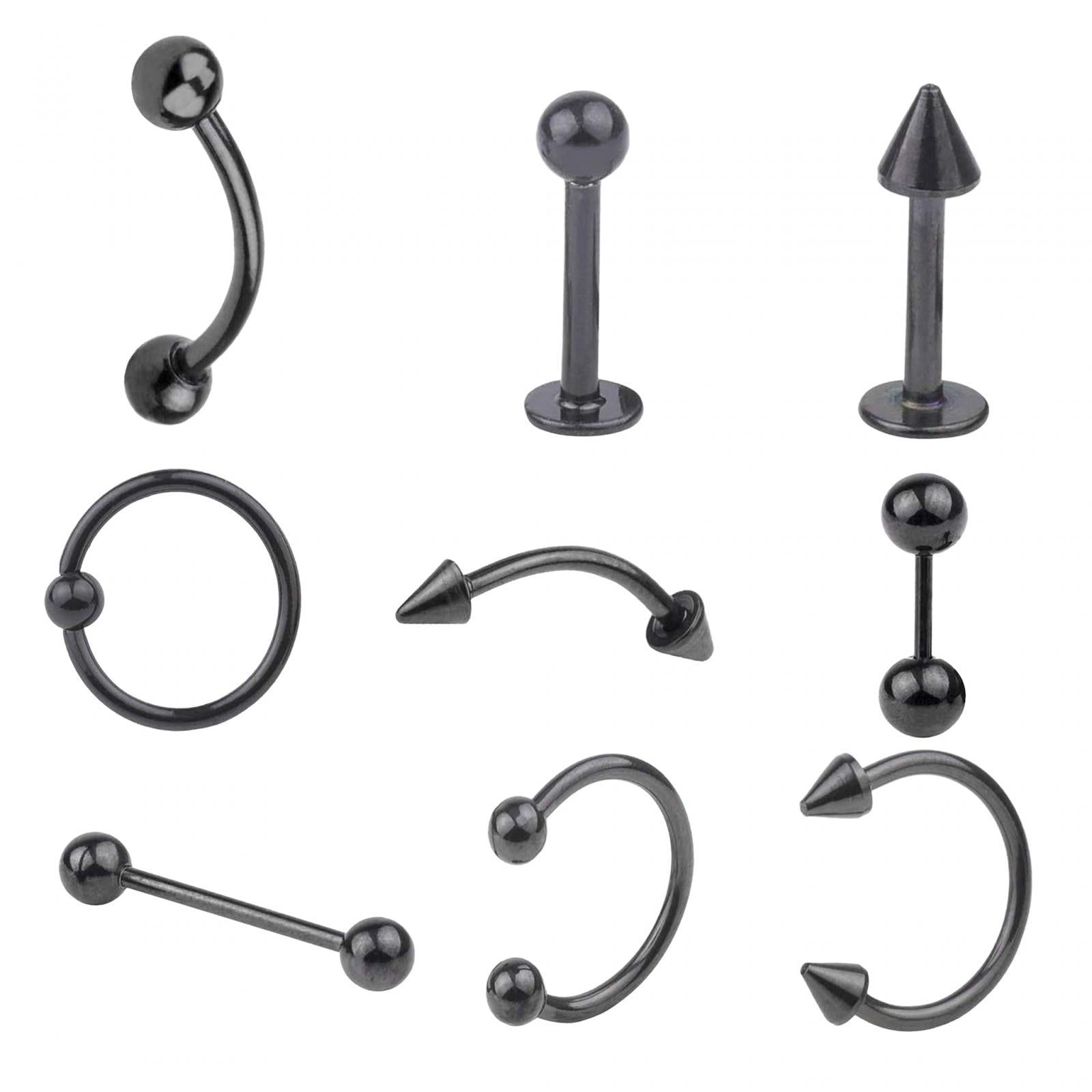 9 Pieces Belly Button Rings Stainless Steel Gifts Navel Barbell Body Jewelry Black