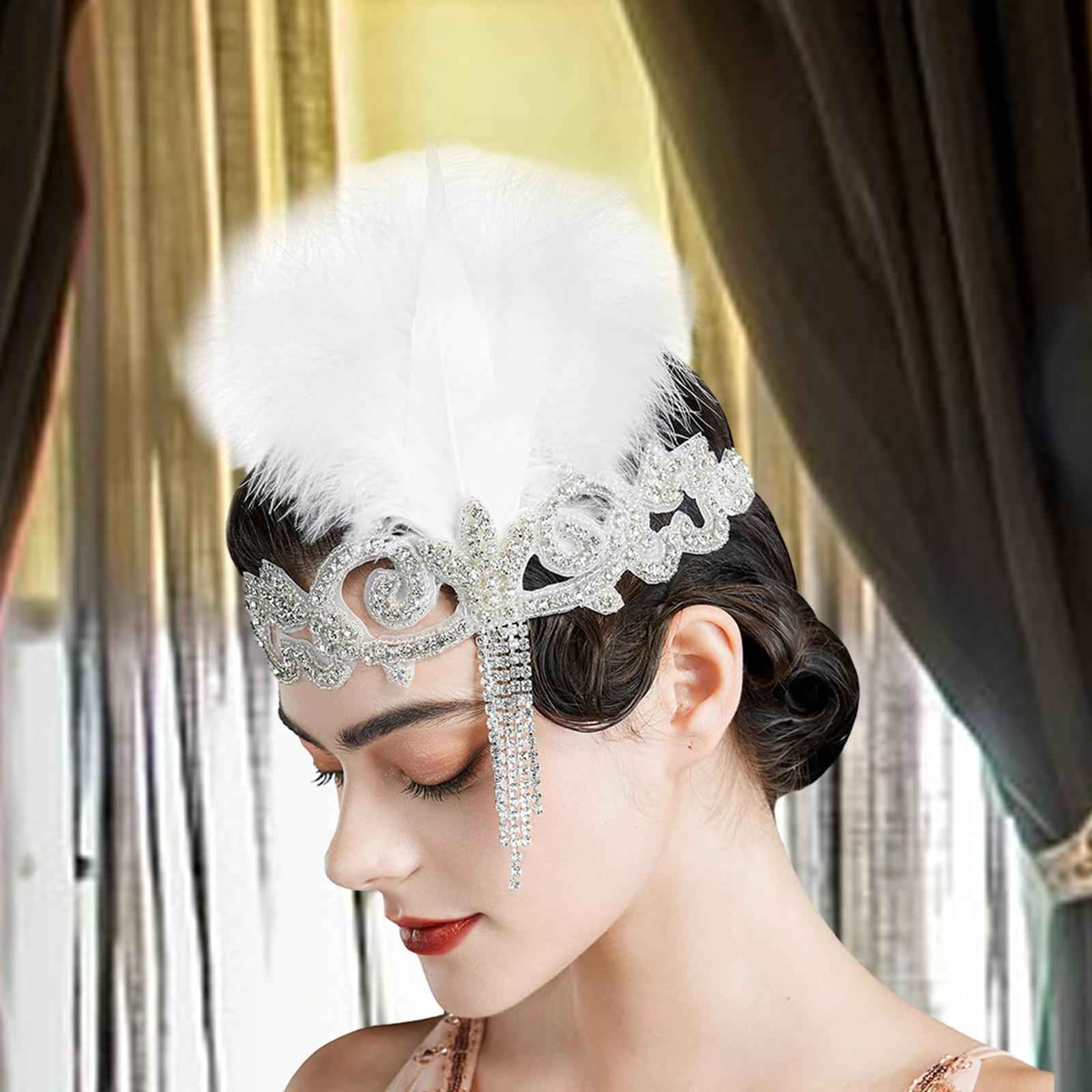 Flapper Headband Retro Feather Headpiece for Stage Performance Carnival Prom White