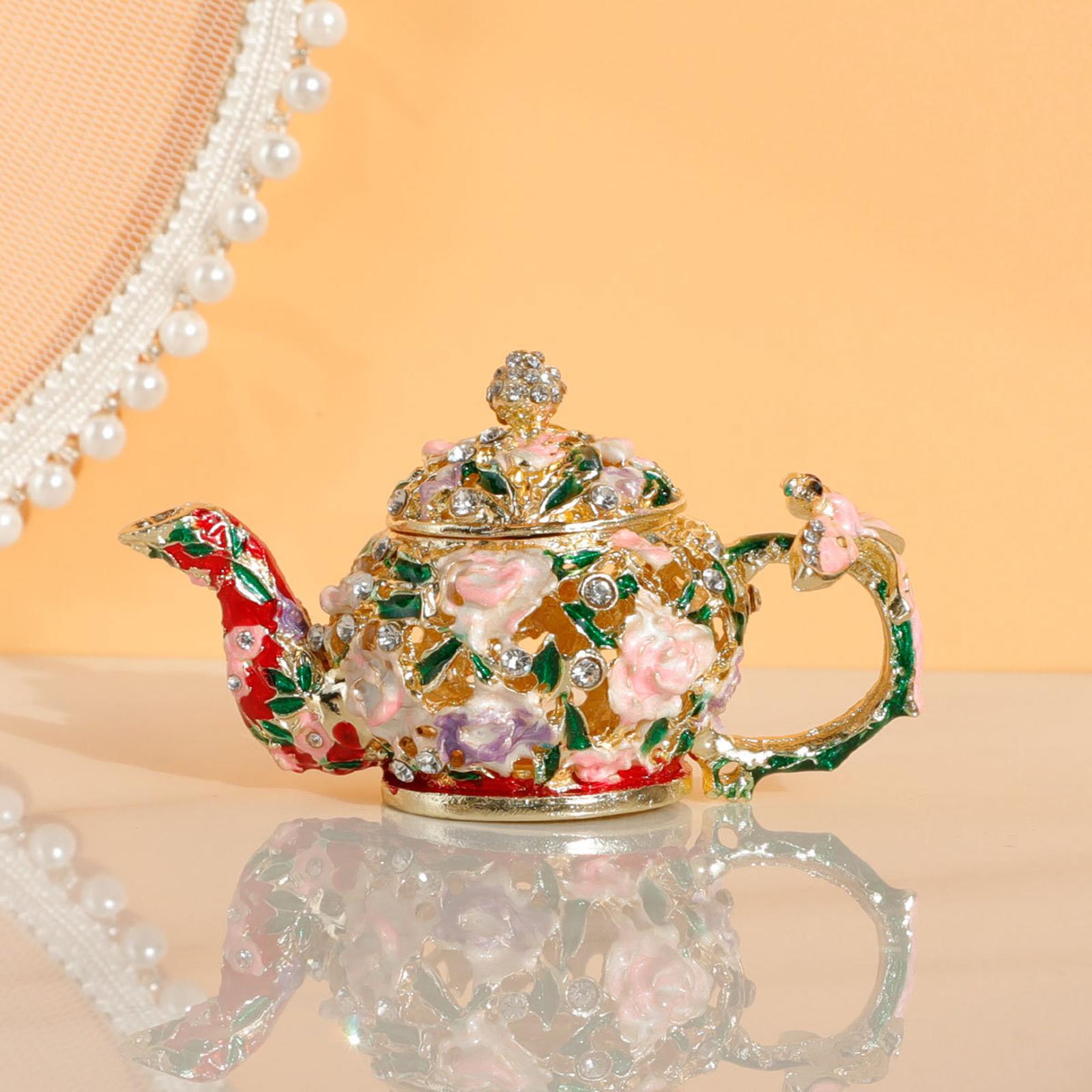 Enameled Jewelry Box Hand Painted Teapot Trinket Box for Necklaces Bracelets