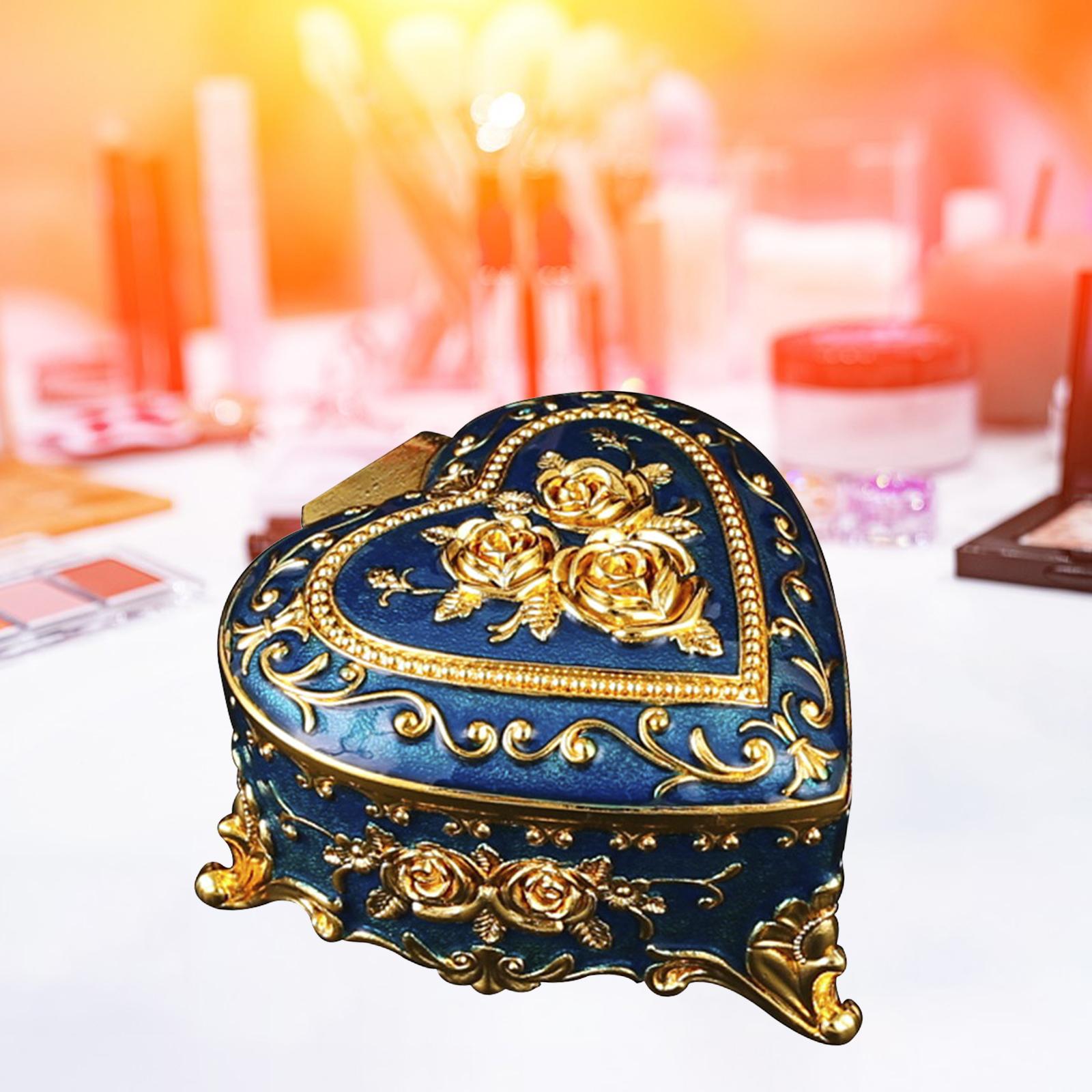 Heart Jewelry Box Exquisite Metal Keepsake Box for Necklace Rings Home Decor Blue