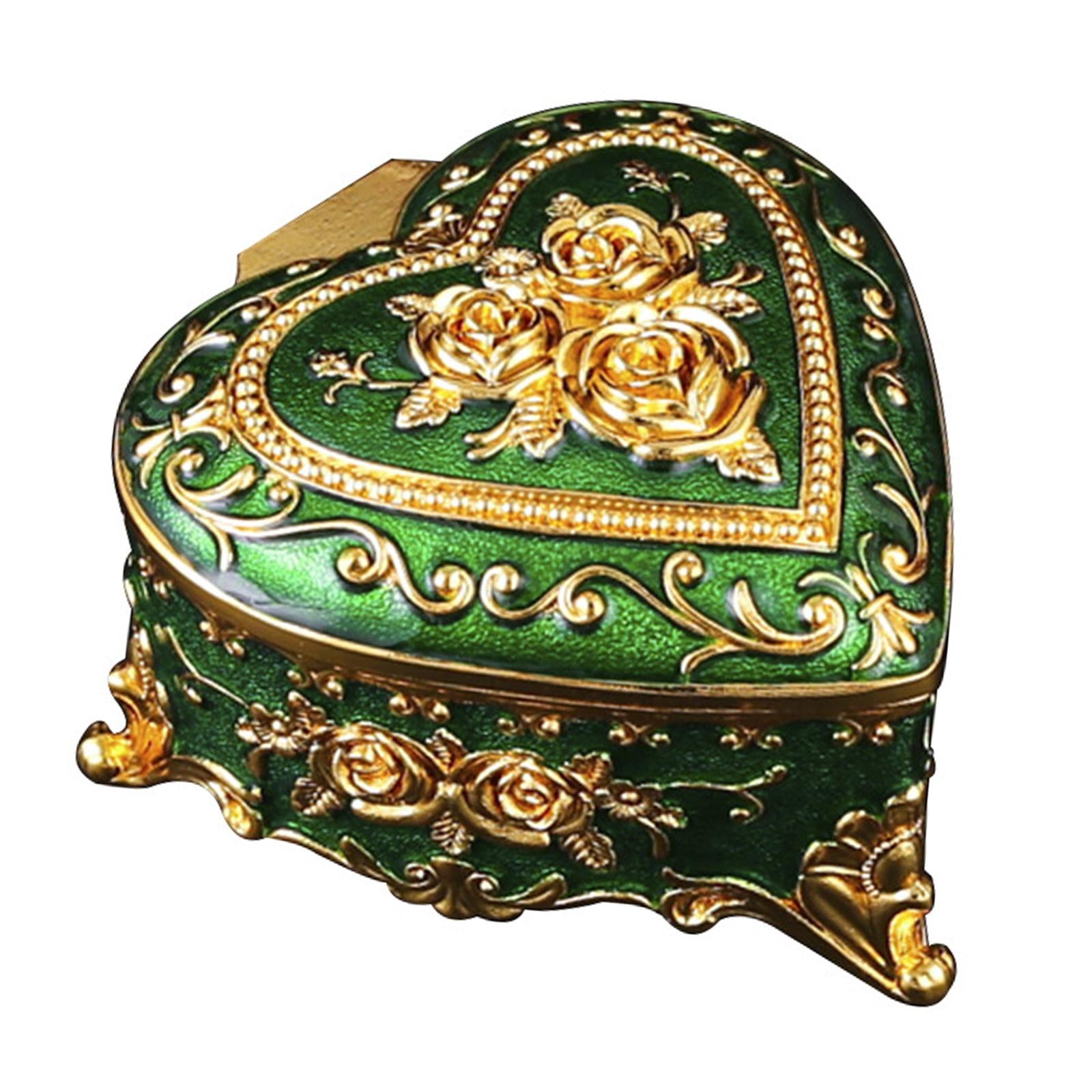 Heart Jewelry Box Exquisite Metal Keepsake Box for Necklace Rings Home Decor Green