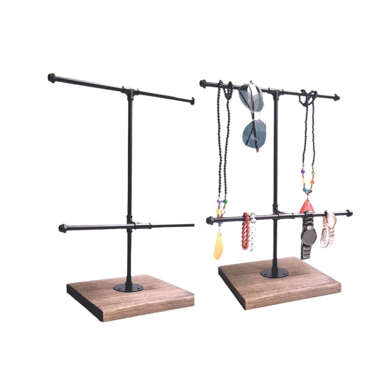 Jewelry Stand Bangle Watch Jewelry Display Rack Necklace Hanger 2 Tier T Bar Dark Wood Grain