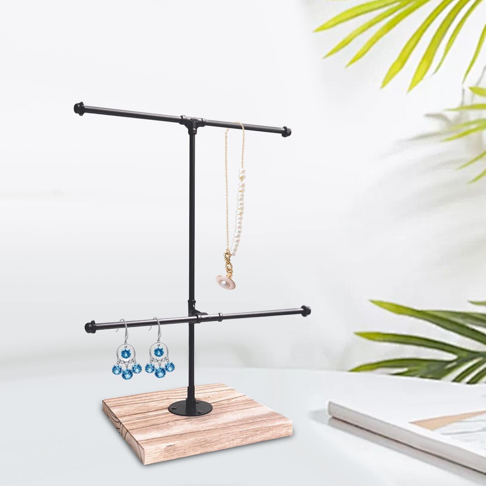 Jewelry Stand Bangle Watch Jewelry Display Rack Necklace Hanger 2 Tier T Bar Light Wood Grain