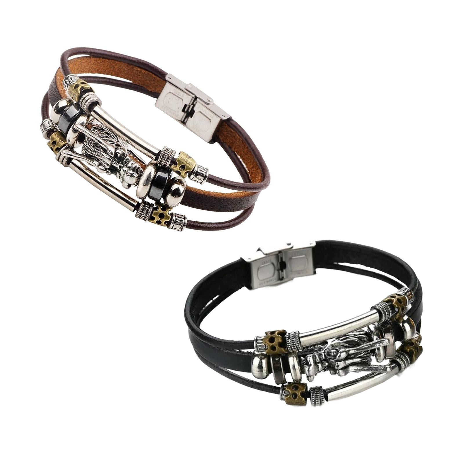PU Leather Bracelet Trendy Ornament Casual Adjustable Multilayer Cuff Bangle Brown