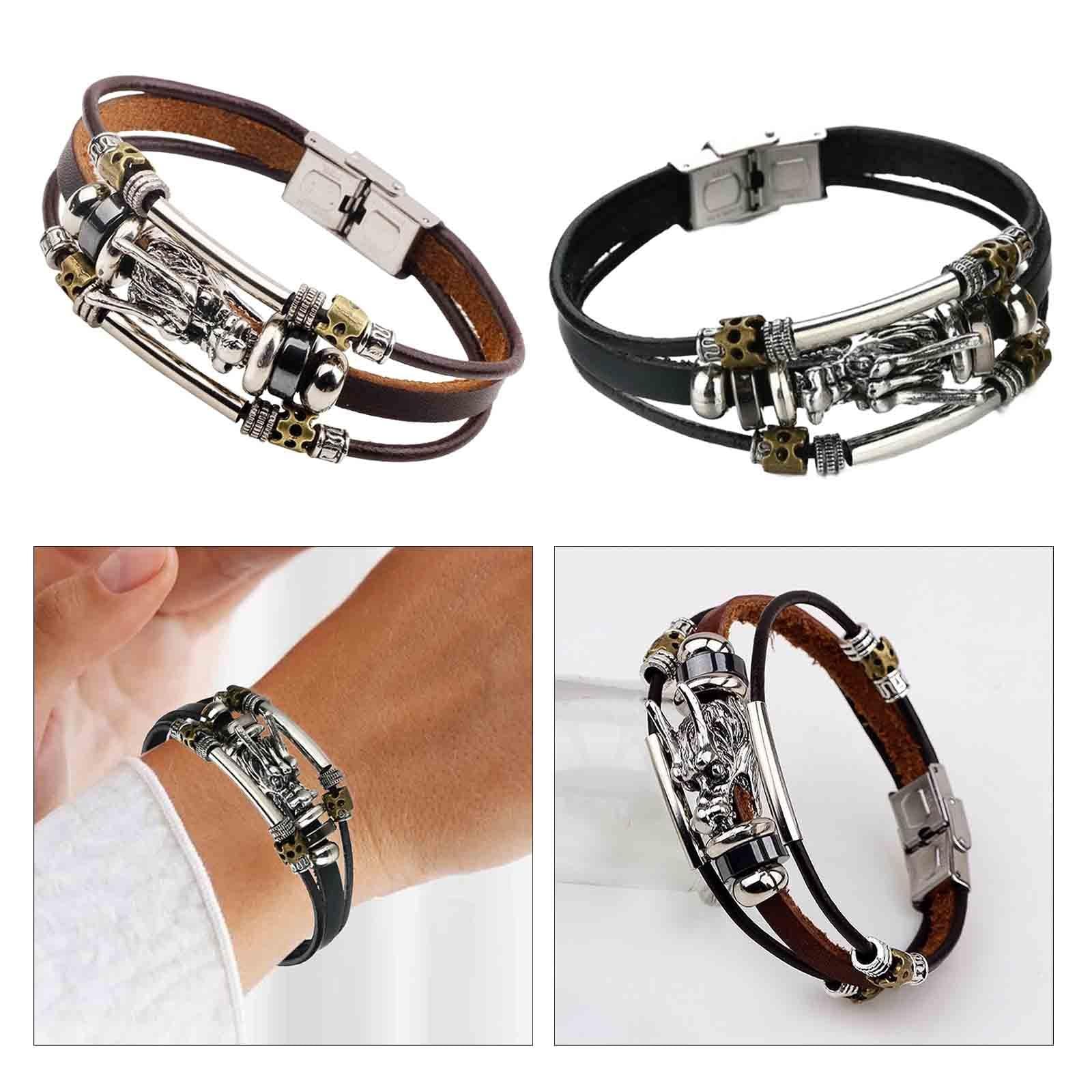 PU Leather Bracelet Trendy Ornament Casual Adjustable Multilayer Cuff Bangle Brown