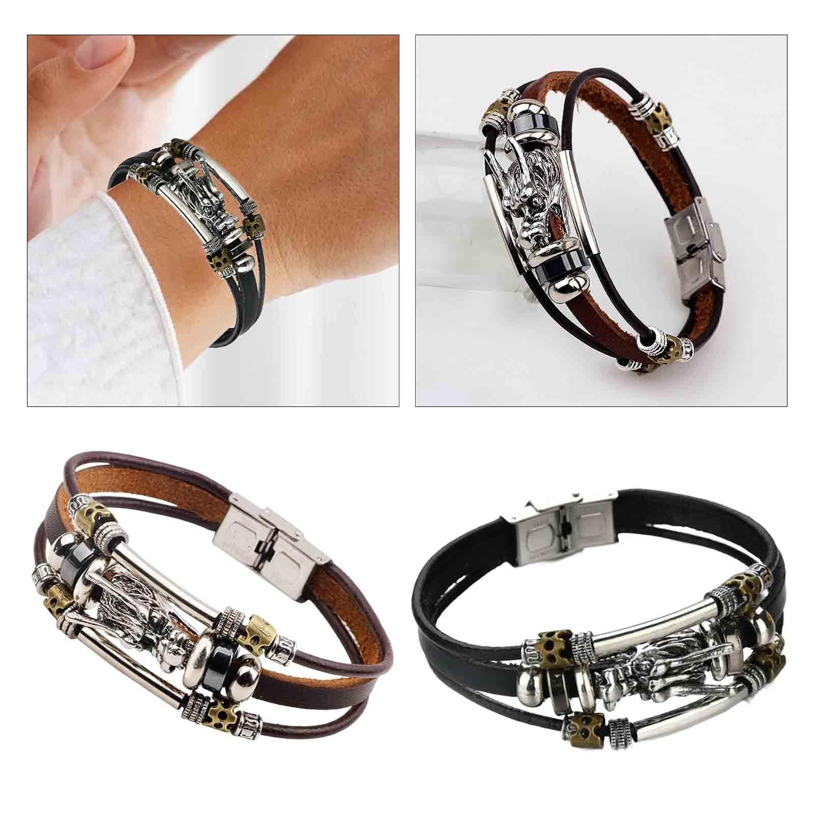 PU Leather Bracelet Trendy Ornament Casual Adjustable Multilayer Cuff Bangle Brown