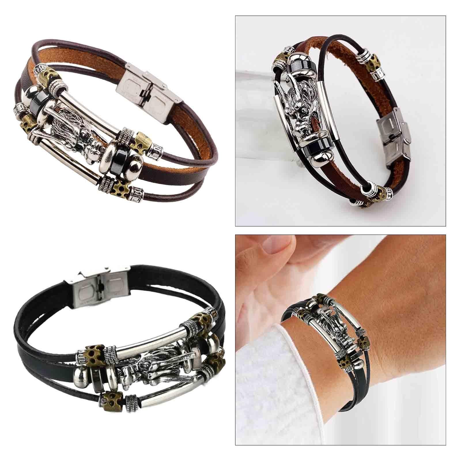 PU Leather Bracelet Trendy Ornament Casual Adjustable Multilayer Cuff Bangle Brown