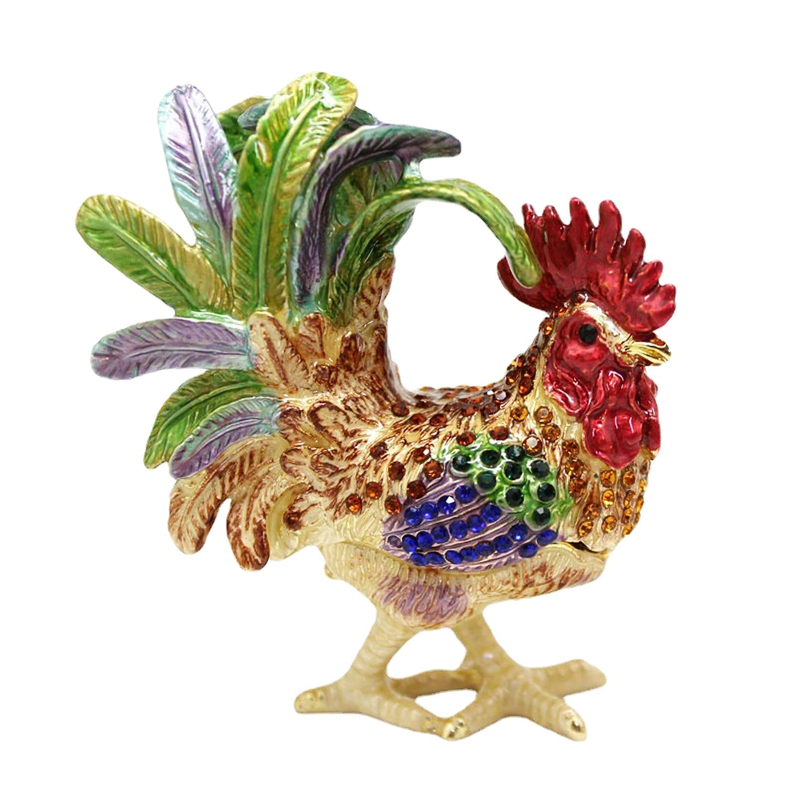 Enameled Chicken Figurine Jewelry Box Animal Statue Decor Treasure Chest Box Blue