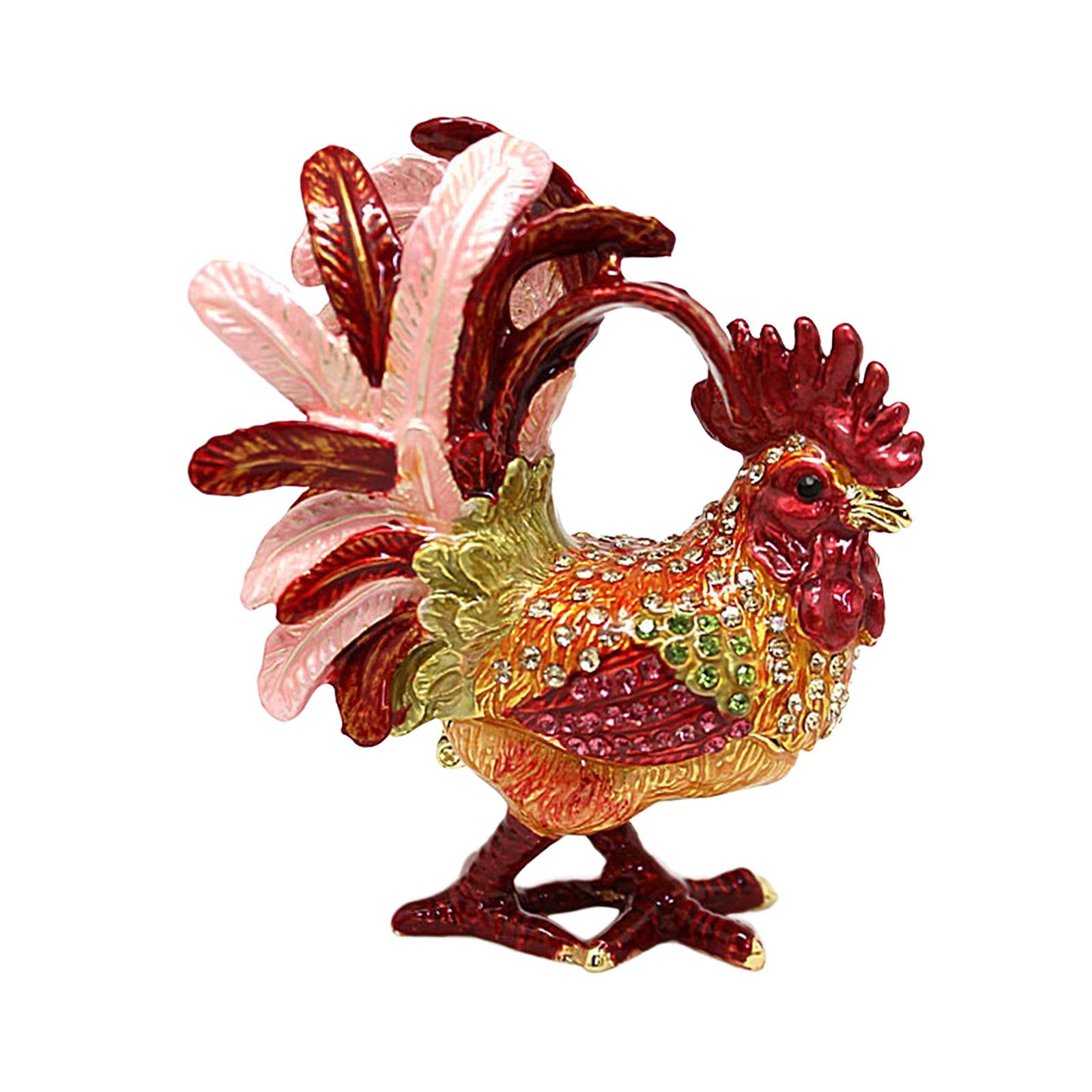 Enameled Chicken Figurine Jewelry Box Animal Statue Decor Treasure Chest Box Red