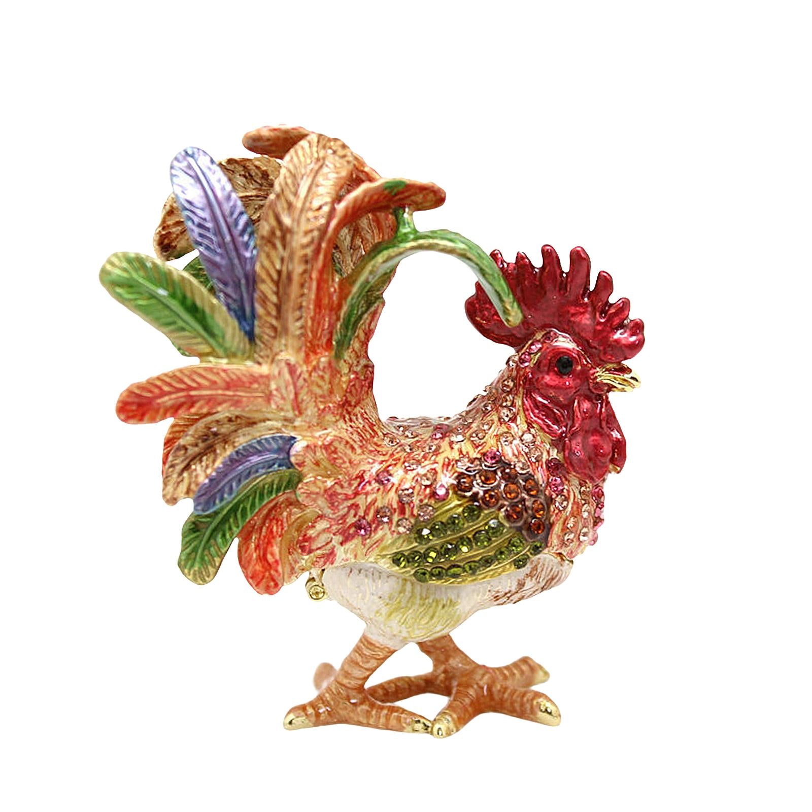 Enameled Chicken Figurine Jewelry Box Animal Statue Decor Treasure Chest Box Floral