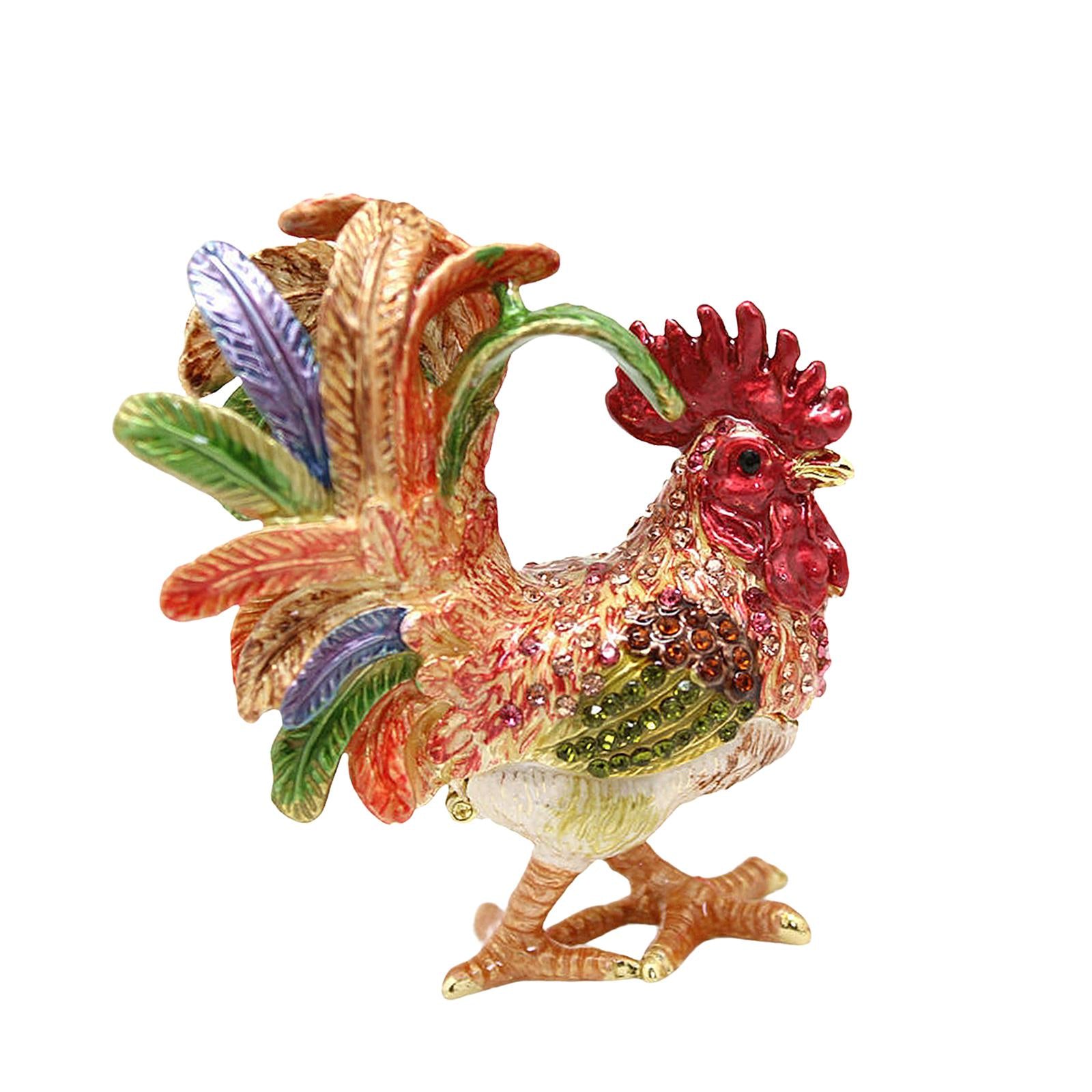 Enameled Chicken Figurine Jewelry Box Animal Statue Decor Treasure Chest Box Floral