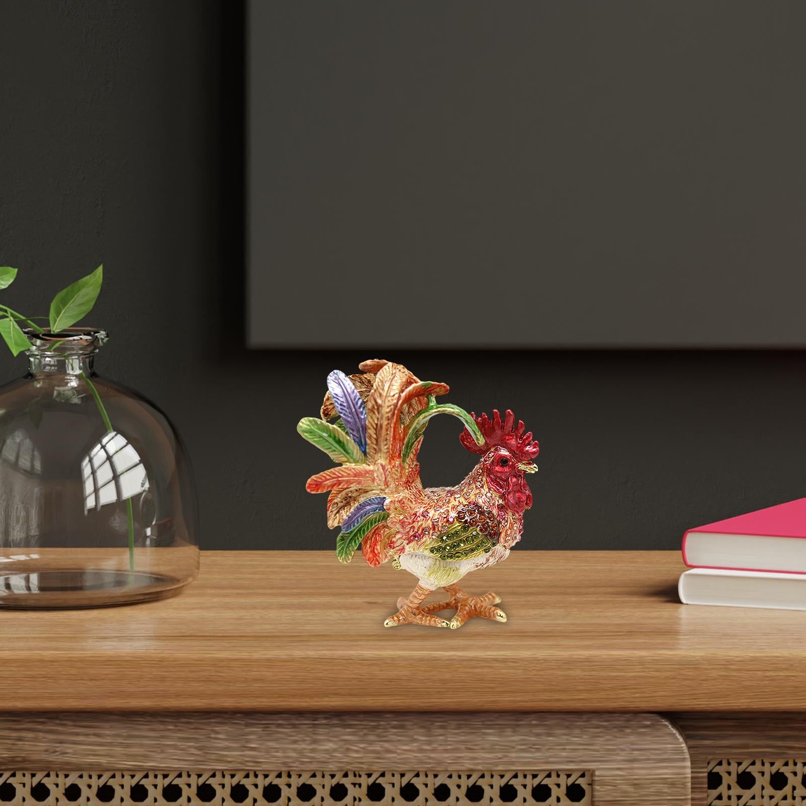 Enameled Chicken Figurine Jewelry Box Animal Statue Decor Treasure Chest Box Floral