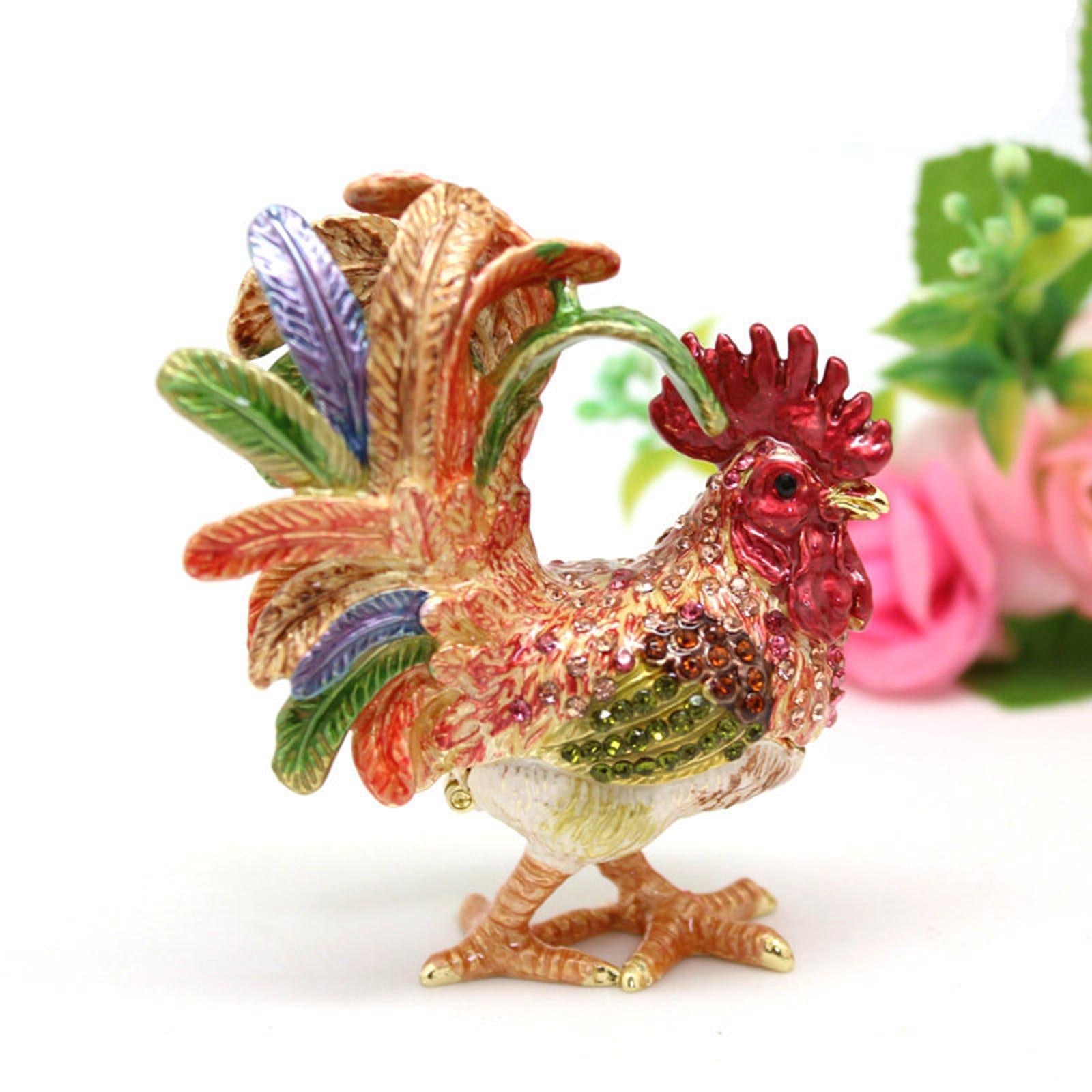 Enameled Chicken Figurine Jewelry Box Animal Statue Decor Treasure Chest Box Floral