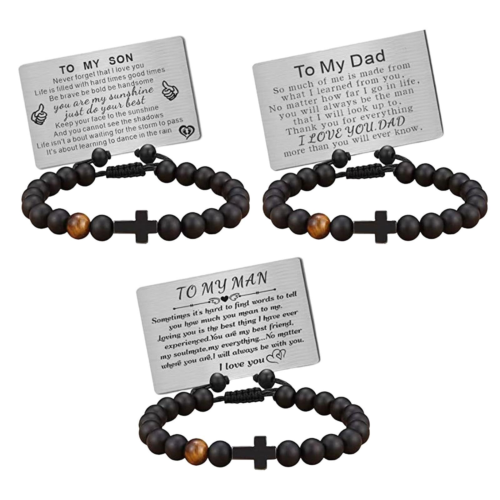 Mens Bead Bracelet Handcrafted Adjustable Cross Bracelet with Engraved Card TO MY SON Card