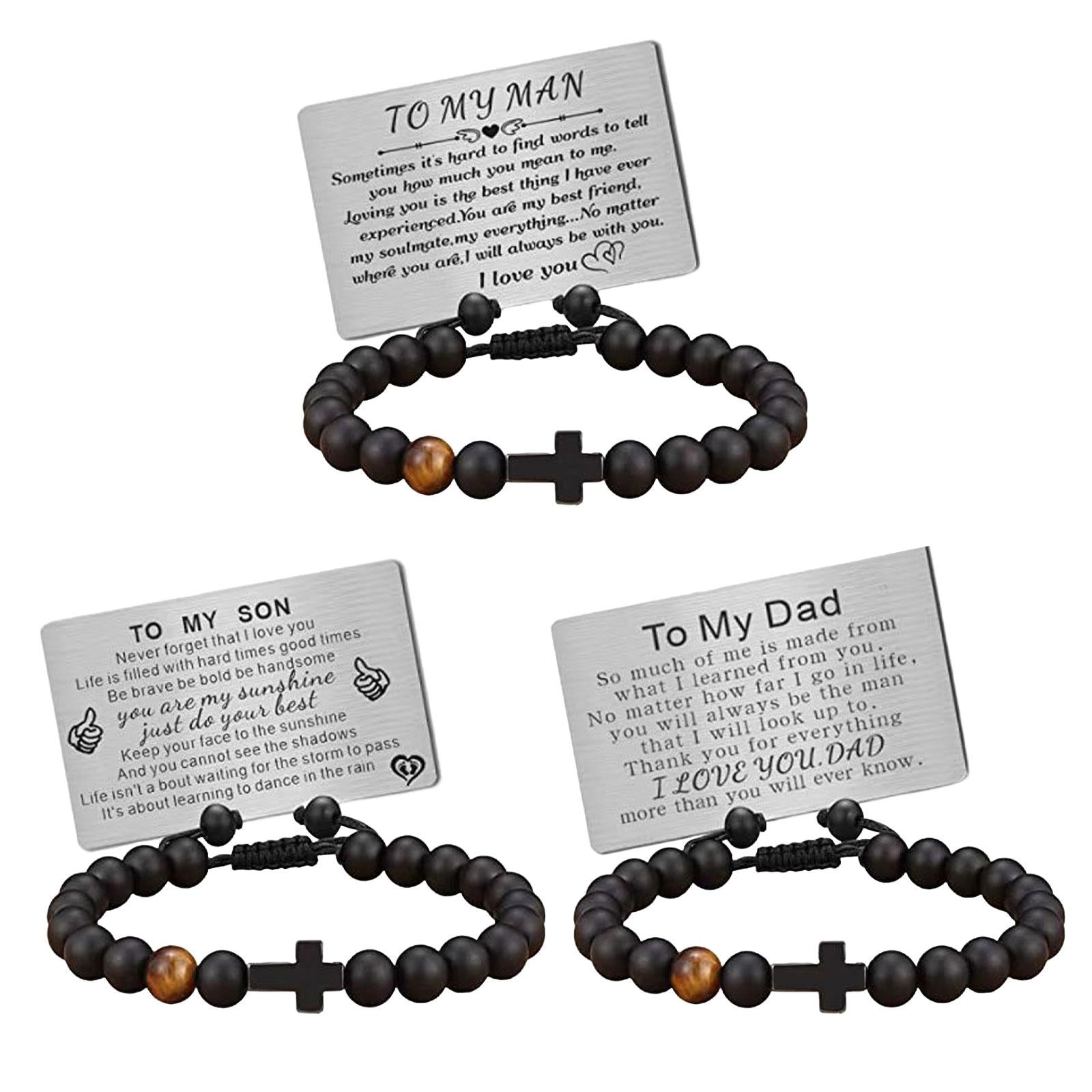 Mens Bead Bracelet Handcrafted Adjustable Cross Bracelet with Engraved Card TO MY SON Card