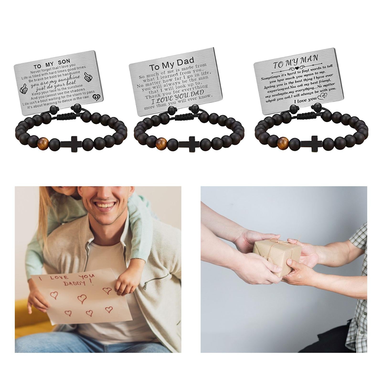 Mens Bead Bracelet Handcrafted Adjustable Cross Bracelet with Engraved Card TO MY SON Card