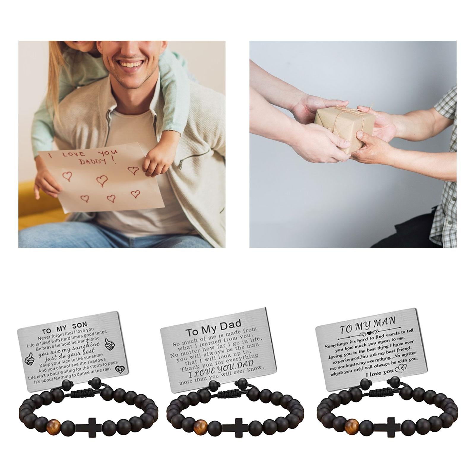 Mens Bead Bracelet Handcrafted Adjustable Cross Bracelet with Engraved Card TO MY SON Card