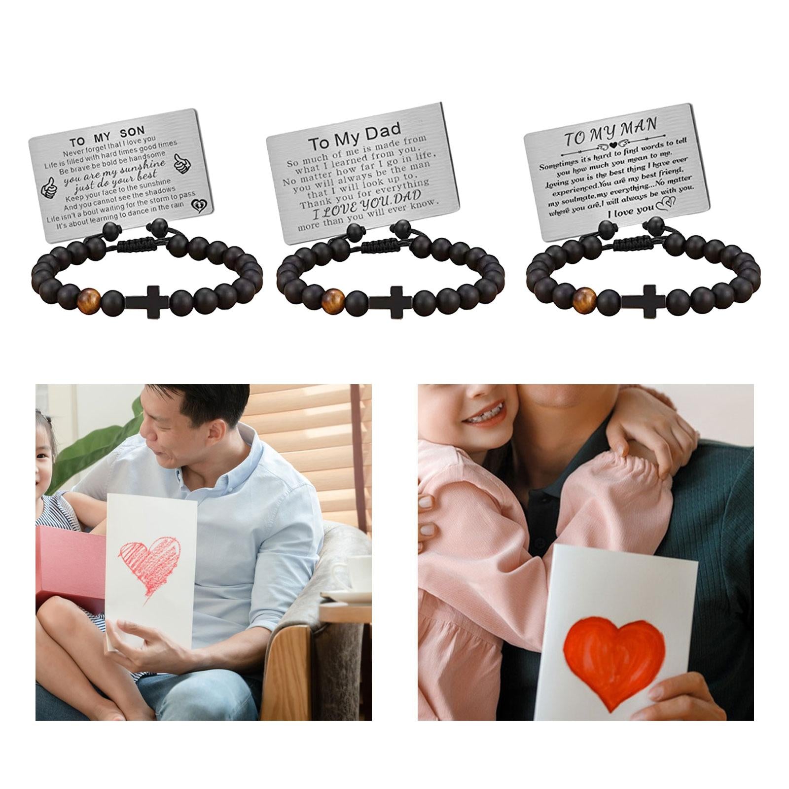 Mens Bead Bracelet Handcrafted Adjustable Cross Bracelet with Engraved Card TO MY SON Card