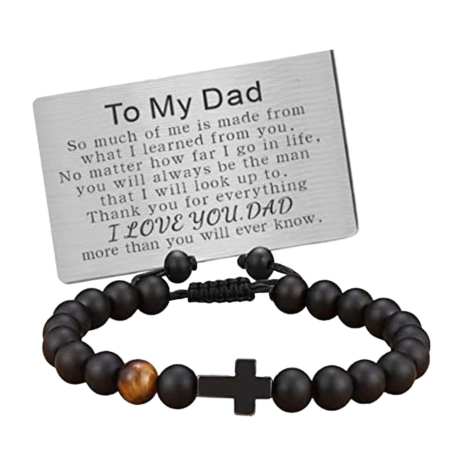 Mens Bead Bracelet Handcrafted Adjustable Cross Bracelet with Engraved Card TO MY DAD Card