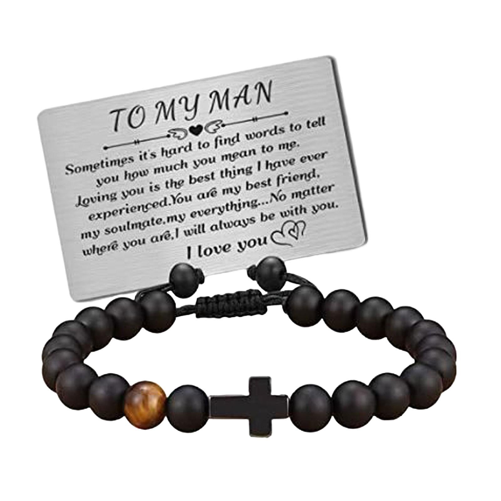 Mens Bead Bracelet Handcrafted Adjustable Cross Bracelet with Engraved Card TO MY Man Cards
