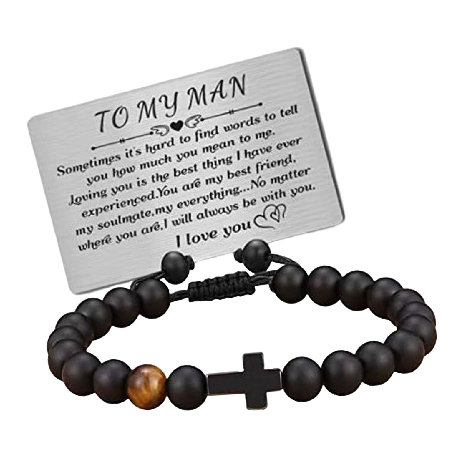 Mens Bead Bracelet Handcrafted Adjustable Cross Bracelet with Engraved Card TO MY Man Cards