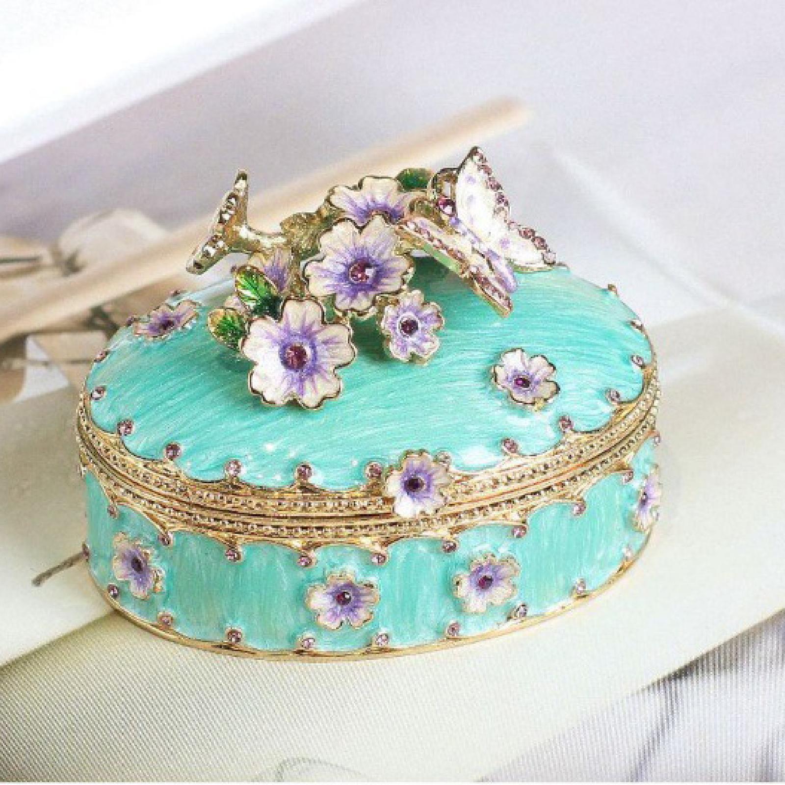 Cherry Blossoms Jewelry Box Trinket Box Alloy Jewelry Case Jewelry Organizer Blue
